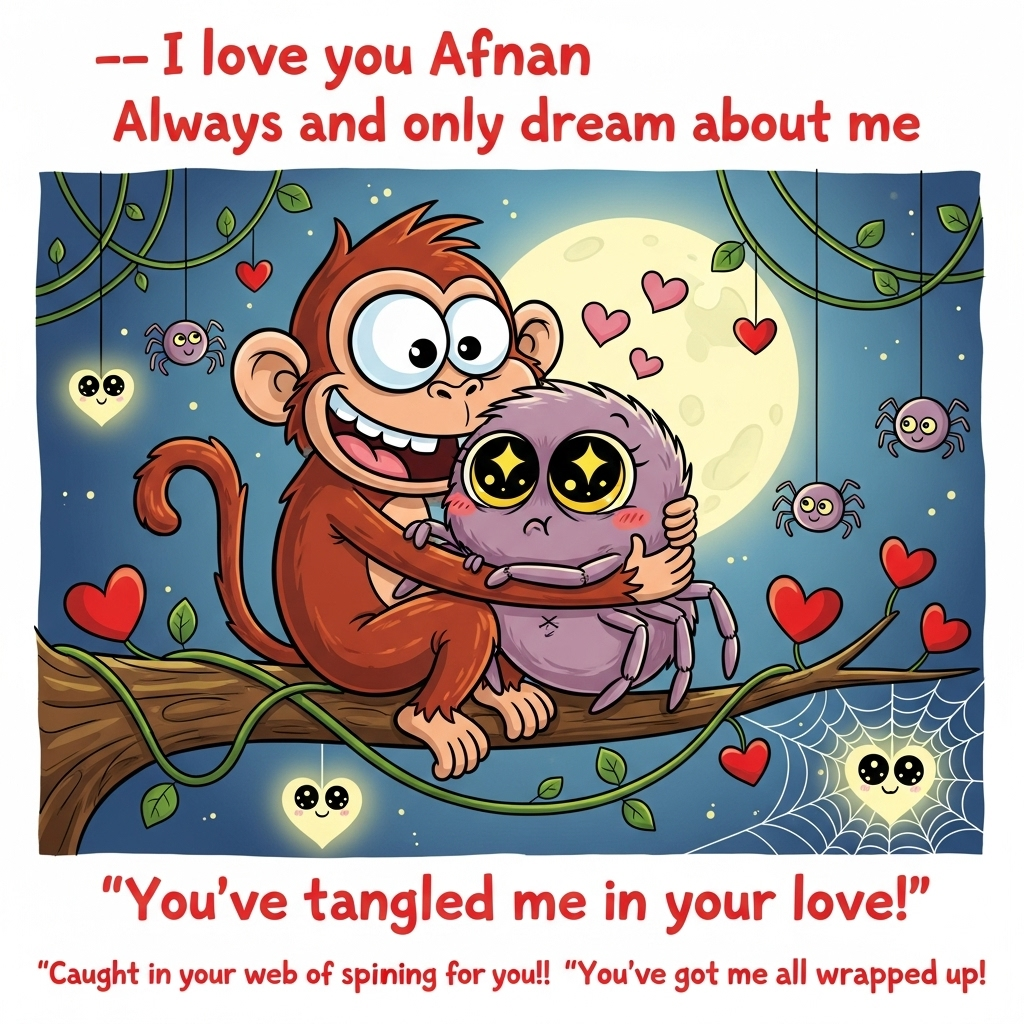 Here’s the greetings card image prompt in your requested style and format:  

---

At the top of the Cartoon Style image, write in playful, bubbly pink letters: **I love you Afnan Always and only dream about me**

A romantic Valentine’s Day cartoon scene: A big-eyed, goofy but adorable monkey with a huge grin is wrapping its long arms around a sweet, bashful spider with oversized sparkly eyes. The monkey and spider are sitting together on a tree branch shaped like a heart, surrounded by dangling vines that have little red heart-shaped leaves. Several tiny, cheerful spiders are hanging down on silky webs, weaving glowing heart-shaped spiderwebs in the background. The moon glows softly behind them, with little floating pink hearts scattered across the night sky. The monkey and spider look cozy and snuggly in their hug, exaggeratedly squishy and cartoonish, bursting with warmth and playfulness.  

At the bottom, add a cheeky handwritten caption in red: **“You’ve tangled me in your love!”**  

Style: Playful cartoon characters, thick black outlines, bright saturated colors (reds, pinks, oranges, greens), whimsical, full of energy and romance.  

---  

Would you like me to also design **a couple more variations of short, cheeky bottom captions** so you can pick the one that feels best for your card?
Generated with these themes: Monkey, Spiders, Romance, Hug, and .
Made with ❤️ by AI.