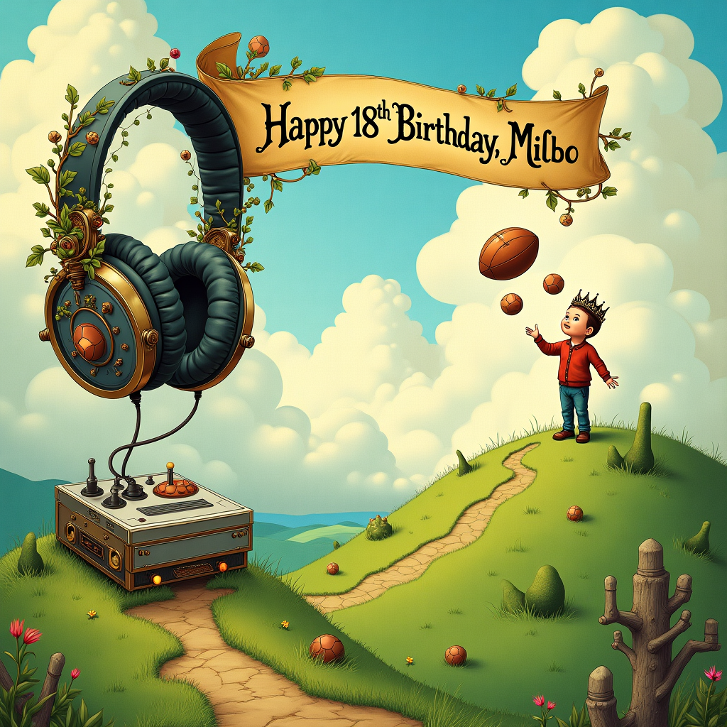 In the foreground of this surreal birthday illustration, a sprawling meadow of vibrant green stretches out under a sky of swirling pastel colors, reminiscent of Maxfield Parrish's ethereal landscapes. To the left, a towering pair of headphones, their ear cups forming small rolling hills, echo the intricate detailing of an Arthur Rackham drawing. Beneath them, a winding path leads to a games console set upon a whimsical stone pedestal, with its joystick and buttons glistening like jewels. The console, styled in a steampunk fashion with gears and brass accents, emanates a soft glow that catches the eye. Nearby, a football suspended in mid-air is orbited by tiny satellites, each satellite shaped like a miniature football boot. The scene also includes a young boy, Milo, the birthday celebrant, drawn in a Beatrix Potter-like fashion, standing atop one of the headphone hills. He's joyfully juggling three smaller footballs while wearing a crown made of laurel leaves and old game controllers. In the background, an ornate banner, reminiscent of Aubrey Beardsley's elaborate designs, floats among the clouds, proudly announcing "Happy 18th Birthday, Milo!" The letters are intricately woven with vines and tiny mythical creatures, adding a touch of fantasy. The clouds themselves are subtly shaped like video game characters, and upon closer inspection, Milo's name is repeated in their swirls and curves, seamlessly integrating him into this fantastical celebration.
Generated with these themes: Headphones, Games Console, Football, and Son, Happy 18th Birthday.
Made with ❤️ by AI.