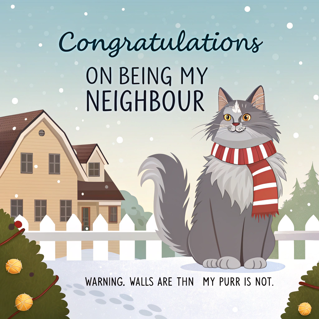 At the top of the Vector Style image, "congratulations on being my neighbour"

At the bottom of the image, "Warning: walls are thin; my purr is not."

Create a clean flat-vector scene:
- Centerpiece: A large, fluffy grey Maine Coon cat with tufted ears and a big ruff, perched proudly on a snow-dusted white picket fence between two tidy neighboring houses. The cat wears a red-and-cream striped winter scarf; its long bushy tail curls upward, lightly tangled in a loop of warm-gold fairy lights that stretch house-to-house.
- New home at Christmas vibe: Freshly hung wreaths on both front doors, simple string lights along the eaves, a giant brass house key tied with a red ribbon hanging from one door handle, a couple of closed moving boxes on one porch, and gentle snowflakes falling.
- Composition: Houses framed left and right with simple geometric windows glowing warm yellow; soft evergreen shrubs at the bases; keep lots of negative space so the headline and punchline dominate.
- Style and colors: Ultra-clean, flat vector art with crisp lines and solid color blocks only (no textures, no heavy gradients). Palette: icy teal sky, evergreen greens, warm gold lights, cherry red accents, cool slate-grey fur tones, white snow.
- Typography: Set the headline large and bold in a modern sans-serif, respecting the exact lowercase text provided. The punchline smaller, centered at the bottom in the same family for a cohesive, modern look.
- Lighting/shadow: Use simple layered shapes and slightly darker flat tones for depth; avoid blurs or soft drop shadows.
Generated with these themes: Maine coon grey cat, NEW HOME AT CHRISTMAS, and .
Made with ❤️ by AI.