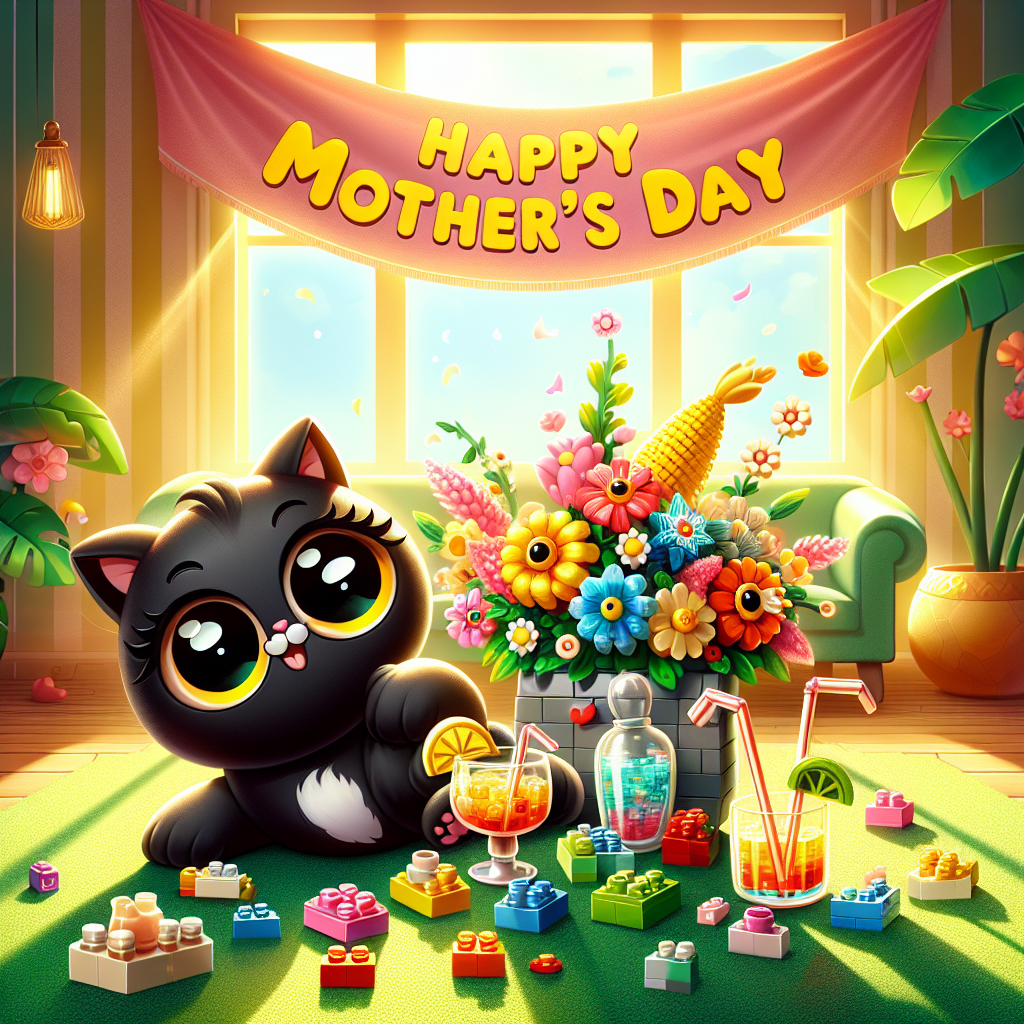 Compose a charming and brightly colored cartoon scene for Mother's Day. Depict round-eyed and cuddly black cats with big eyes and exaggerated adorable features, frolicking and chasing after a scattering of bright and colorful Lego pieces on a lush green carpet. These Lego pieces have come together to form a whimsical cocktail-making scene, complete with a toy-like shaker, glasses, and a bouquet of tropical fruit garnishes made out of Legos. The room, bathed in golden sunlight streaming in through the window, casts a cheerful glow on a banner draped along the wall that reads 'Happy Mother's Day'.
Generated with these themes: Black cats Lego cocktails.
Made with ❤️ by AI.