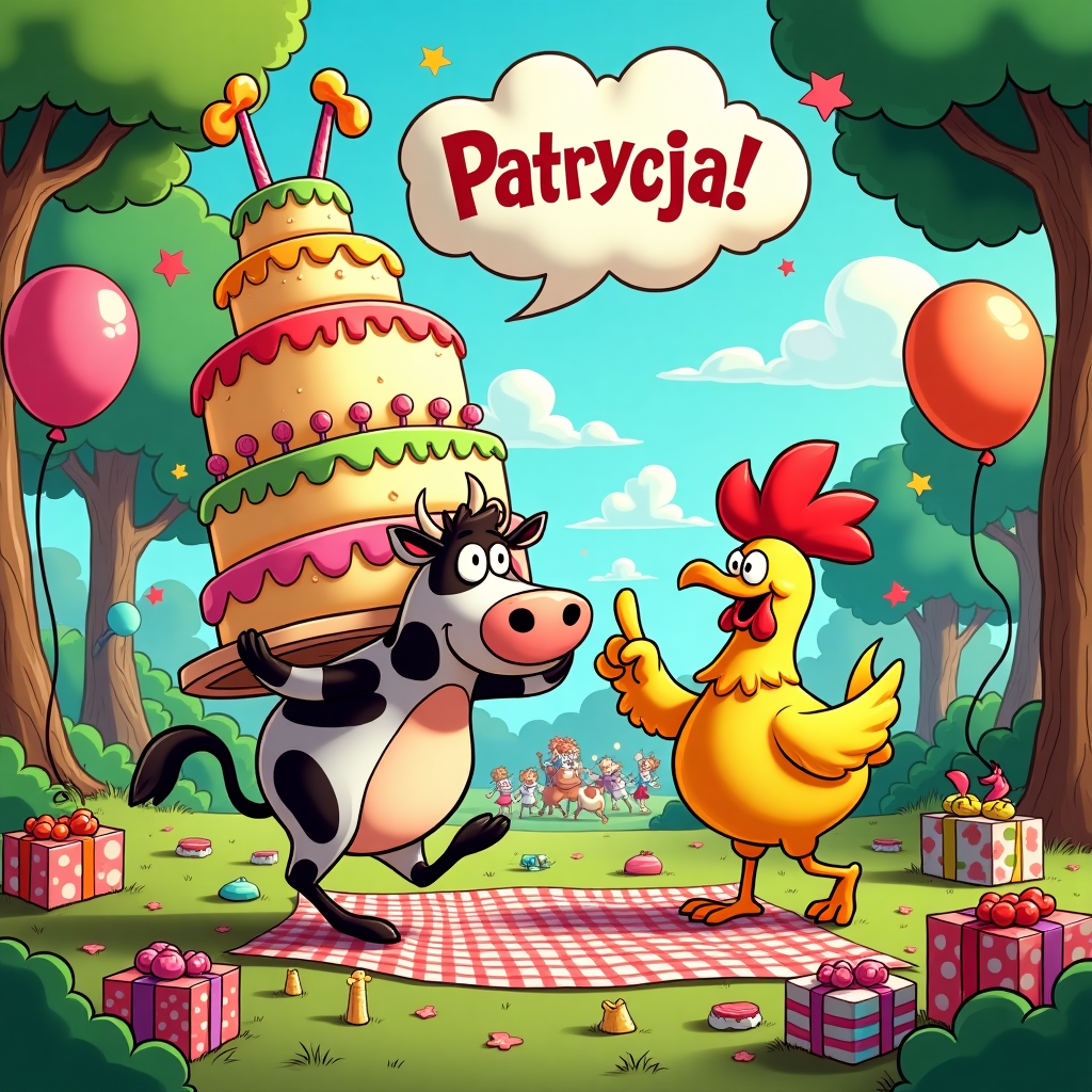 Imagine a lively birthday scene bursting with color and energy, channeling a mix of classic cartoon vibes and exaggerated comedic flair. In the foreground, a vibrant cartoon cow and chicken, inspired by the wild antics of the Cartoon Network's "Cow and Chicken," are animatedly carrying a massive, cartoonish birthday cake. The cake is absurdly tall, teetering with each of its ten layers painted in bright pastel hues like bubblegum pink, sunny yellow, and minty green, all frosted with dollops of thick, swirly icing.

The cow, with its oversized eyes and a comically exaggerated snout, balances the cake on its broad back, looking slightly bewildered but enthusiastic. The chicken, sporting a pair of tiny wings flapping uselessly, points dramatically towards the sky with an oversized cartoon hand, as if leading a parade.

The background is a cacophony of action and detail, set in a surreal, cartoon park filled with stylized trees—each with a trunk like twisted licorice sticks and leaves like swirling, emerald cotton candy. Overhead, a big, fluffy cloud shaped like a speech bubble declares "Patrycja" in bold, comic book-style lettering, as if the sky itself is part of the celebration.

Balloons float everywhere in the scene, each one a different vibrant shade—ruby red, electric blue, and neon orange—with exaggerated shiny highlights that mimic the reflective quality of classic animated films. A checkered picnic blanket is spread across the grass, littered with cartoonish food items like oversized sandwiches and enormous, droopy ice cream cones. Scattered gift boxes, wrapped in polka-dotted and striped papers, are piled high, each topped with a comically oversized bow.

In the distant background, a group of cartoon animals, including a goofy, wide-mouthed dog and a lanky, slack-jawed horse, are caught mid-dance, their limbs akimbo in a frozen frame of silly, celebratory antics reminiscent of Schulz's Peanuts gang or the joyful chaos of a Watterson snowball fight.

The entire scene is encapsulated in a simple black border, reminiscent of classic comic strips, giving it a clean, structured appearance amidst the vibrant chaos. The overall style is playful, with a nod to classic animation, invoking a sense of whimsy through its dynamic composition and exuberant use of color and form.
Generated with these themes: cartoon network cow and chicken.
Made with ❤️ by AI.