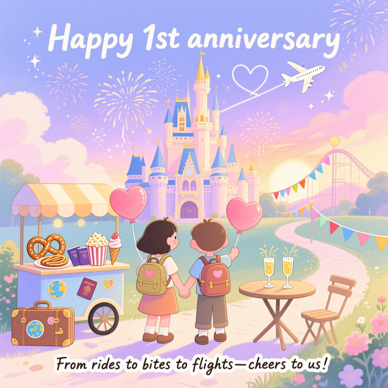 At the top of the Watercolor Style image, Happy 1st anniversary

A cute, airy watercolor scene with soft washes, delicate gradients, subtle pigment blooms, and natural cold-press paper texture. Centerpiece: a whimsical storybook theme-park castle glowing in sunset pastels, tiny sparkles and gentle fireworks drifting into a lavender-blue sky. Foreground: two adorable travelers holding hands from behind, small backpacks with heart-shaped balloons tied on, standing beside a cozy snack cart and a little bistro table topped with celebratory treats—pretzels, churros, popcorn, ice cream cones, and two clinking sparkling drinks. Travel touches throughout: a vintage suitcase with globe stickers, passports peeking out, a winding path of colorful flags, and an airplane high above tracing a heart-shaped contrail across the sky. Palette: blush pinks, sky blues, lilac, and warm gold; soft edges, watery blooms, and airy negative space for a dreamy, cute mood. At the bottom, in small playful hand-lettered watercolor script: From rides to bites to flights—cheers to us!
Generated with these themes: Disney world, Travel , Eating and drinking, and .
Made with ❤️ by AI.