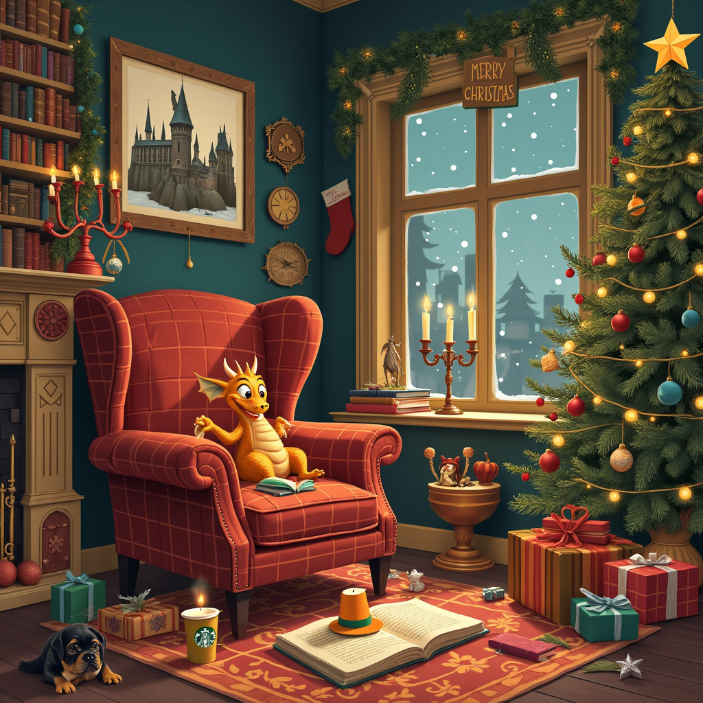 Black and brown mini dog, Mini Golden Dragon, Books, Starbucks, Harry Potter , Candles, Pumpkin spice candle , and MERRY CHRISTMAS Christmas Card