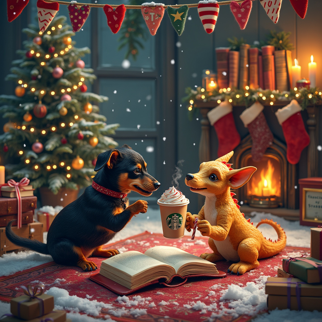 Picture a whimsical, snowy scene inside a cozy living room adorned for Christmas. In the foreground, a charming black and brown mini dog, resembling a playful dachshund, and a mischievous mini golden dragon are engaged in a playful tug-of-war with a candy cane, their expressions full of joy and determination. They sit atop a plush, vintage-style rug with intricate patterns.

In the background, a richly decorated bookshelf stands tall, crammed with Harry Potter books and adorned with twinkling fairy lights. A soft glow emanates from a nearby table where a large Starbucks cup, brimming with hot cocoa and topped with whipped cream, steam curling upwards, sits beside an open Harry Potter book, its pages invitingly spread. 

Above the table, a wooden mantelpiece displays an array of festive items: a collection of flickering candles, with a prominently placed pumpkin spice candle giving off an orangey, cozy hue. Hanging stockings, each with a distinct pattern, are draped over the mantel. 

In the middle of the room, an elaborately decorated Christmas tree sparkles with multi-colored lights and ornaments. Underneath the tree, more books and Starbucks goodies are carefully wrapped as presents. 

Hanging above the scene is a vibrant, hand-lettered banner that reads "MERRY CHRISTMAS" in playful, swirling letters, each letter festively decorated, ensuring it stands out as the centerpiece of this magical setting. 

The entire scene is a bustling, warm celebration of Christmas, infused with literary charm, Starbucks delights, and the mischievous, fantastical spirit brought by the mini dog and dragon.
Generated with these themes: Black and brown mini dog, Mini Golden Dragon, Books, Starbucks, Harry Potter , Candles, Pumpkin spice candle , and MERRY CHRISTMAS .
Made with ❤️ by AI.