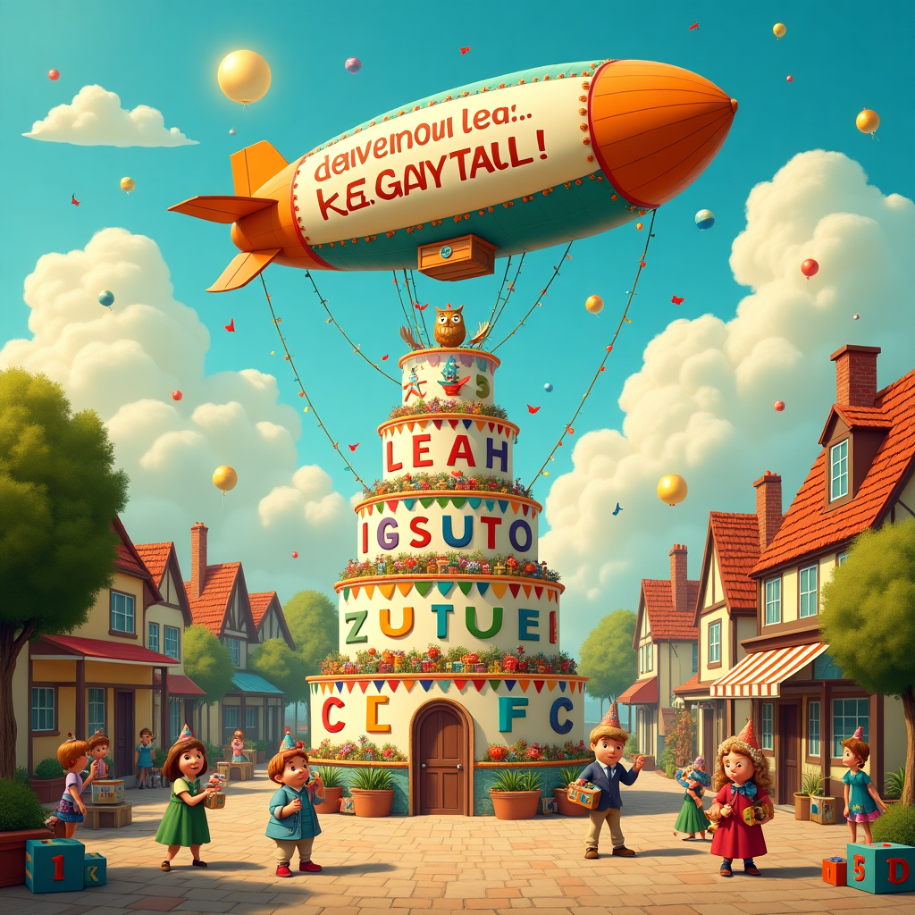 The scene is a whimsical birthday extravaganza set in a charmingly quirky village square, reminiscent of a vintage storybook setting, inspired by the likes of Beatrix Potter and Maurice Sendak. At the heart of this bustling tableau stands an enormous birthday cake, tiered high and adorned with vibrant decorations resembling the colorful flags of various countries, subtly nodding to the theme of language learning. Each layer of the cake is inscribed with playful illustrations of iconic Duolingo characters, the ever-watchful owl donning a party hat, surrounded by tiny confetti in the shape of little books and language symbols. 

Above this festive spectacle, a blimp floats gently in the clear blue sky, trailing a massive, lively banner that reads, "Happy Birthday Leah!" in a rainbow of languages, each letter artfully painted to resemble different styles of writing from around the world. The blimp itself is a comically exaggerated version of a vintage airship, with rivets and portholes, and it's painted in a patchwork of vibrant hues that give it a festive appearance.

Around the square, villagers, depicted in a Rockwell-inspired, charmingly exaggerated style, are engaged in jubilant birthday activities. One character, in particular, a quirky professor type, holds a megaphone, inviting everyone to join in a language-themed party game. Children, resembling illustrations from Quentin Blake’s works, are seen laughing and playing with oversized letter blocks scattered around the cobblestone square, forming playful puns and phrases in different languages.

Above, the sky is a Maxfield Parrish-like tapestry, with soft, swirling clouds and a golden sun dipping behind the rooftops. Nestled within these cotton-candy clouds are subtle outlines spelling out "Leah," as though the sky itself is partaking in the celebration. Surrounding the scene, trees inspired by Arthur Rackham’s works sway gently, their branches adorned with tiny lights and hanging lanterns.

This vibrant and story-rich illustration captures a whimsical narrative of a village coming together to celebrate Leah's birthday with a global twist, featuring a delightful blend of cultures and languages, seamlessly integrating the Duolingo theme.
Generated with these themes: Duolingo .
Made with ❤️ by AI.
