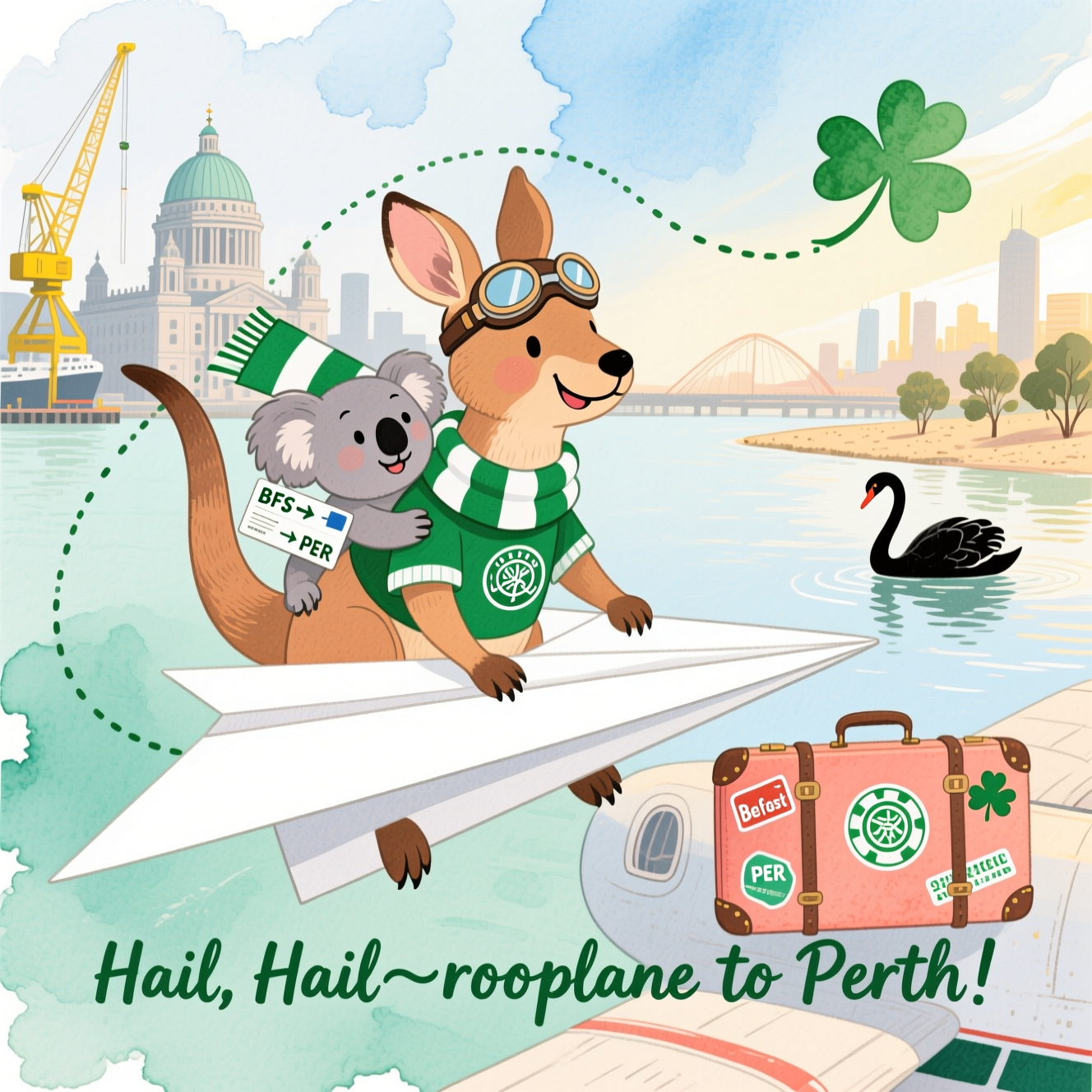 Soft watercolor painting with airy, organic paper texture, delicate gradients and subtle pigment blooms. Portrait composition, large central scene: a cheerful kangaroo in a green-and-white hooped football scarf (Celtic-inspired) piloting a big white paper airplane. A cuddly koala in tiny aviator goggles clings to the roo’s tail, clutching a boarding pass labeled “BFS ➜ PER.” The paper airplane trails a dotted flight path that curls into a shamrock-shaped swirl.

Left background (soft, loose silhouettes): Belfast—faint dome of Belfast City Hall and the iconic yellow shipyard cranes on the skyline, washed in cool misty blue-greys and sea-glass greens. Right background (warm glow): Perth—Swan River with a graceful black swan, gentle eucalyptus shapes, a sunlit skyline and sandy hues. A vintage suitcase strapped to the fuselage carries watercolor travel stickers: “Belfast,” “PER,” a tiny shamrock, and a green-and-white hoops motif. Playful details: the koala’s ear pokes through the goggles, the roo’s scarf flutters like a pennant, and the contrail’s shamrock leaves fade into the sky.

Color palette: soft sky blues, misty grey-greens for Belfast; emerald and white accents for the Celtic scarf; warm peach-coral and sandy ochres for Perth; eucalyptus teal and inky linework sparingly for definition. Keep edges soft, with puddled pigment blooms and visible cold-press paper texture. Minimal white space; image fills most of the frame.

Add small on-image text, hand-lettered watercolor brush script in deep forest green, centered near the bottom:
“Hail, Hail—roo-plane to Perth!”
Generated with these themes: Belfast, Perth, Celtic Football Club, Kangaroo, Koala, Travel, Flying, and .
Made with ❤️ by AI.