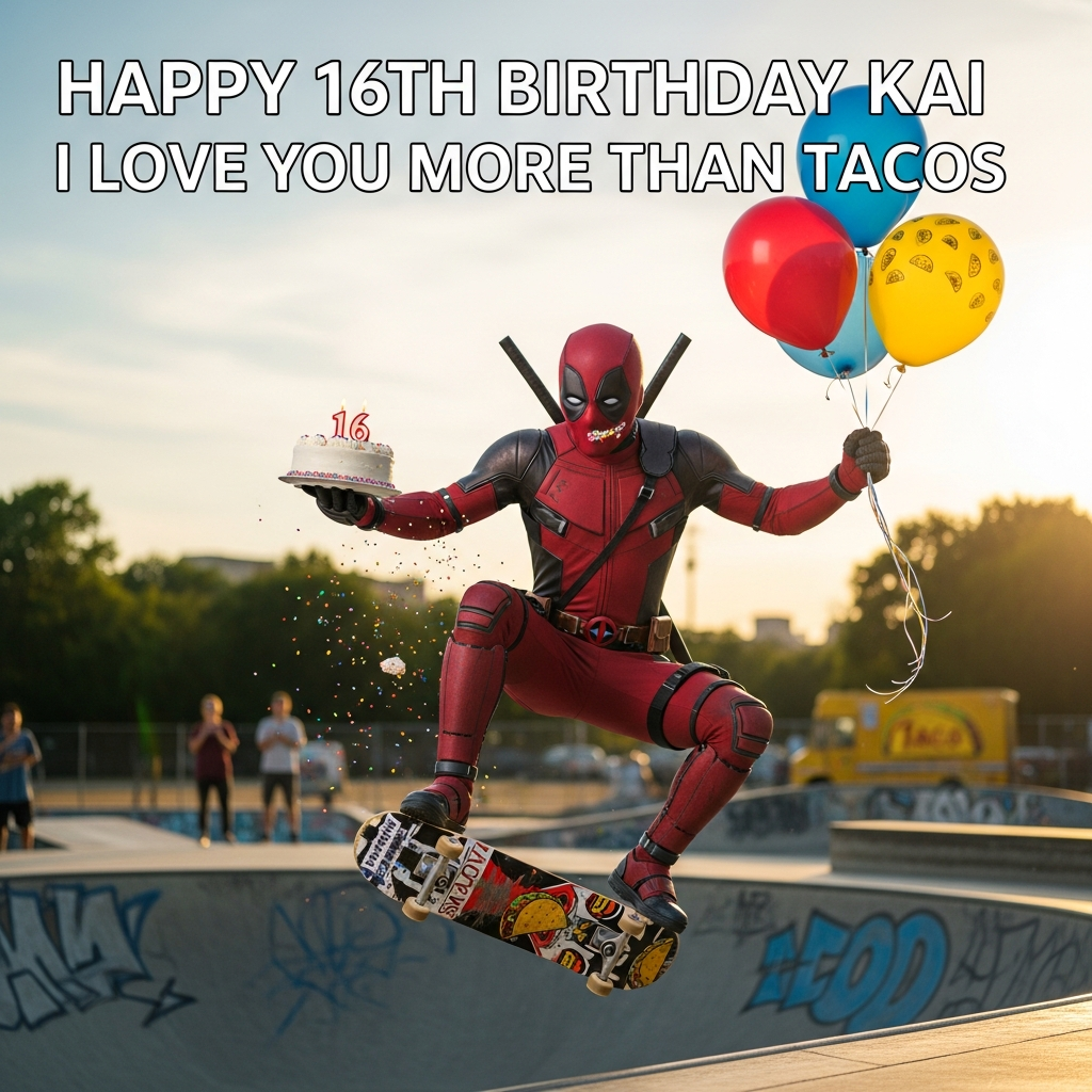 At the top of the Photorealistic picture taken from a camera image, Happy 16th Birthday Kai i love you more than tacos

Ultra-high-definition 4K UHD, true-to-life, funny, candid action photograph at a sunlit outdoor skatepark during golden hour. Low-angle shot: Deadpool in his iconic red-and-black suit is mid-ollie off a concrete ramp, balancing a white-frosted birthday cake with lit “16” candles and rainbow sprinkles in one hand and a bunch of helium balloons (red, blue, yellow, plus one with tiny taco prints) in the other. A playful smear of frosting is on his mask; sprinkles and a few crumbs scatter through the air. The skateboard’s griptape is crisp; the deck underside has a small taco sticker. Deadpool’s head is tilted toward the camera like he’s mugging for the shot, conveying cheeky personality.

Backdrop: real skatepark textures (worn concrete, faint graffiti), warm rim light around Deadpool, soft bokeh city trees and a blurred taco truck in the distance; a couple of out-of-focus spectators react in surprise. Keep it family-friendly—no weapons visible. Color is vibrant yet natural.

Camera specs/look: full-frame DSLR aesthetic, 50mm lens, f/2.8 shallow depth of field for creamy background bokeh; subject tack-sharp; 1/2000s shutter with high-speed sync fill flash to freeze motion; accurate lighting and lifelike textures (stitched seams, slight scuffs on the suit, glossy balloon reflections, creamy frosting sheen, candle flames with subtle heat shimmer). Rich depth-of-field separation and realistic shadows. Natural filmic grade, no exaggerated stylization.

Typography for the top line: large, clean, bold sans-serif, bright white with a thin dark outline and a soft drop shadow for legibility against the sky; keep generous sky/negative space above the subject for clear placement.

Add a small caption near the bottom-right in a fun condensed sans, bright yellow with a subtle shadow: Kickflip into Level 16!
Generated with these themes: Deadpool holding a cake and balloons , Skateboarding, and .
Made with ❤️ by AI.