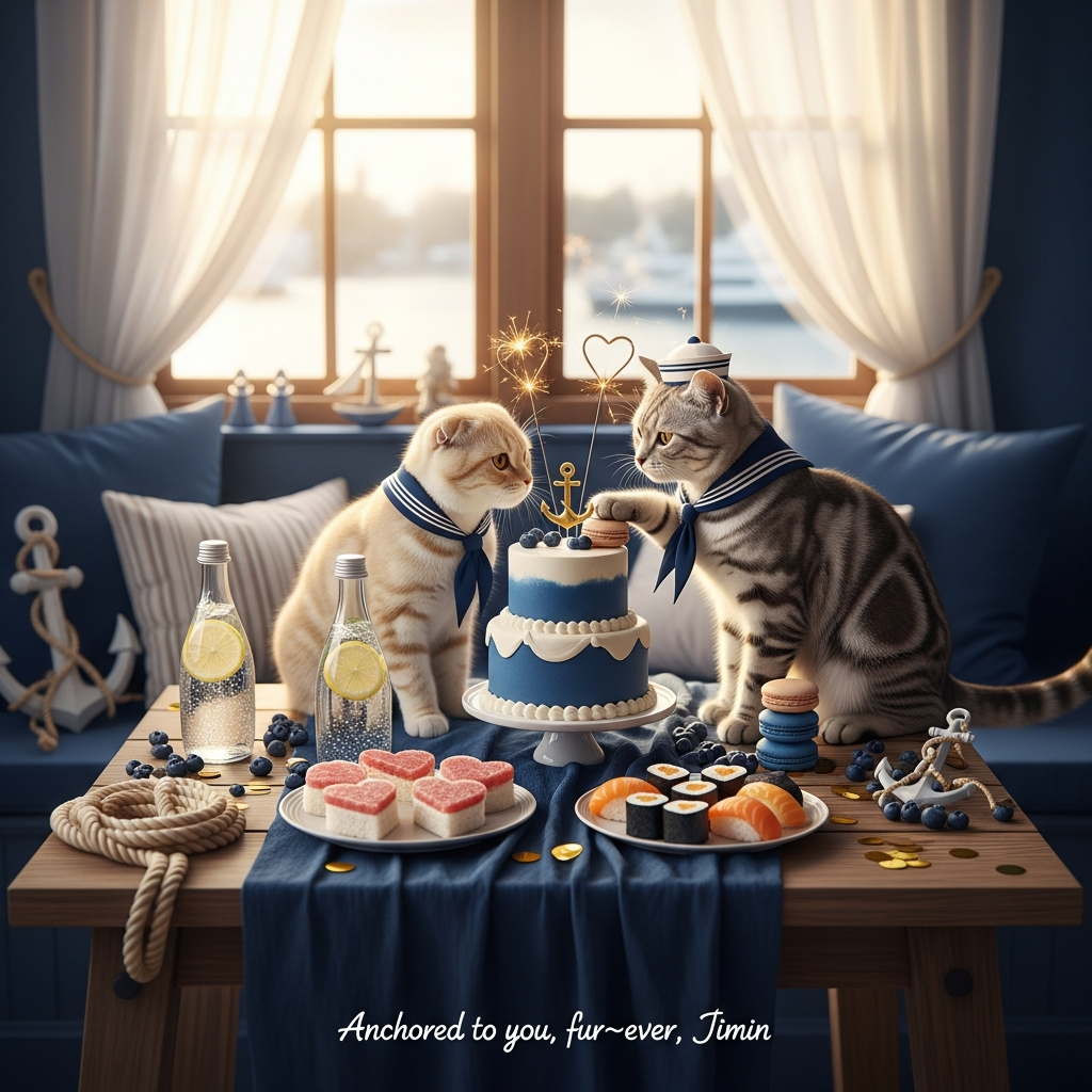 Ultra‑high‑definition 4K photorealistic DSLR shot, portrait orientation. A cozy sunlit window nook dressed in a deep navy-blue palette with soft golden-hour light streaming through sheer curtains. In the foreground on a rustic wooden table draped with a navy linen runner: a small two-tier navy-and-white buttercream cake with a tiny gold anchor topper and two heart-shaped sparklers, surrounded by cute food—heart-shaped tuna sandwiches, a small sushi platter with heart nigiri, a blueberry macaron stack, and sparkling water with lemon. Two adorable cats (a cream Scottish Fold and a silver tabby) sit nose-to-nose beside the cake, wearing tiny navy sailor scarves; one gently taps a macaron with a paw. Subtle nautical props—coiled rope, miniature anchor, scattered gold confetti—add charm. Background softly blurred with harbor bokeh beyond the window. Color palette: navy, cream, blush, and warm gold. Mood: cute, romantic, celebratory. No people.

Camera/style: Nikon D850, 50mm prime, f/1.8, ISO 200, 1/200s; lifelike textures, accurate lighting, rich depth of field, gentle film-grain finish, high dynamic range.

Caption (single short line), placed small and unobtrusive at the bottom center in playful handwritten navy script: “Anchored to you, fur‑ever, Jimin.”

Avoid extra text, watermarks, or logos.
Generated with these themes: Jimin, Cats, Navy, Food, and .
Made with ❤️ by AI.
