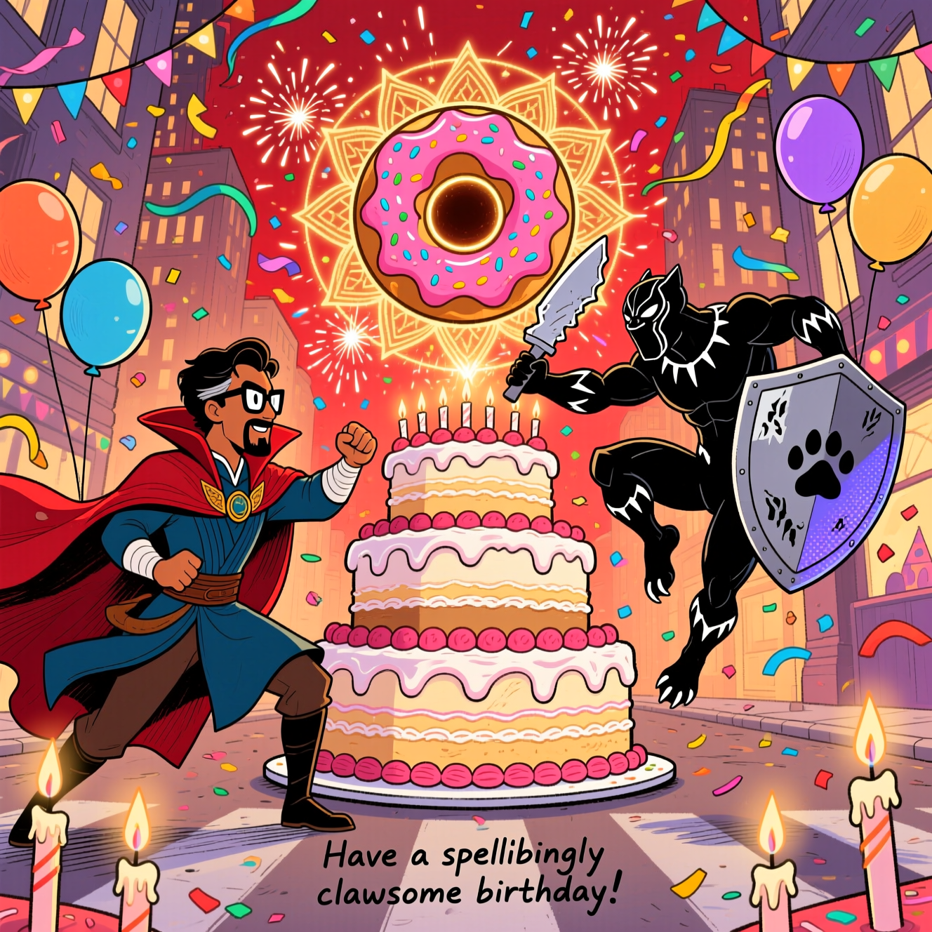 Hand-drawn illustration with fine linework and textured brush strokes, warm expressive color palette, balanced composition, funny mood. A dynamic, playful Marvel-style battle scene: Doctor Strange/Dr Strange (Pakistani, brown skin, black rectangular glasses, short dark hair, subtle goatee) in his red Cloak of Levitation faces off with Black Panther in a city street transformed into a birthday party. A towering multi-tier cake stands between them as the “arena.” Strange’s glowing mandalas burst into confetti, streamers, and sparkler lights; his portal humorously morphs into a giant sprinkled donut-ring of magic. Black Panther flips mid-air, landing lightly on a cake tier, parrying with a cake-slice “shield” and leaving clean frosting claw-marks, both heroes wearing friendly, competitive expressions. Balloons bob around, candles flicker like mystic runes, frosting and sprinkles arc through the air—no gore. Framing: medium-wide, slightly low angle, triangular balance (Strange left, Black Panther right, cake center). Rich reds, golds, and magentas for warmth; cool violet-blue highlights shimmering on Black Panther’s suit; subtle paper grain, halftone shading, crisp ink outlines.

Single small text line on image (bottom center, handwritten): “Have a spellbindingly clawsome birthday!” No other text or logos.
Generated with these themes: Dr Strange marvel (Pakistani brown skin with black glasses) fighting , Fight scene Marvel , Black Panther marvel , Battle fight scene , and .
Made with ❤️ by AI.