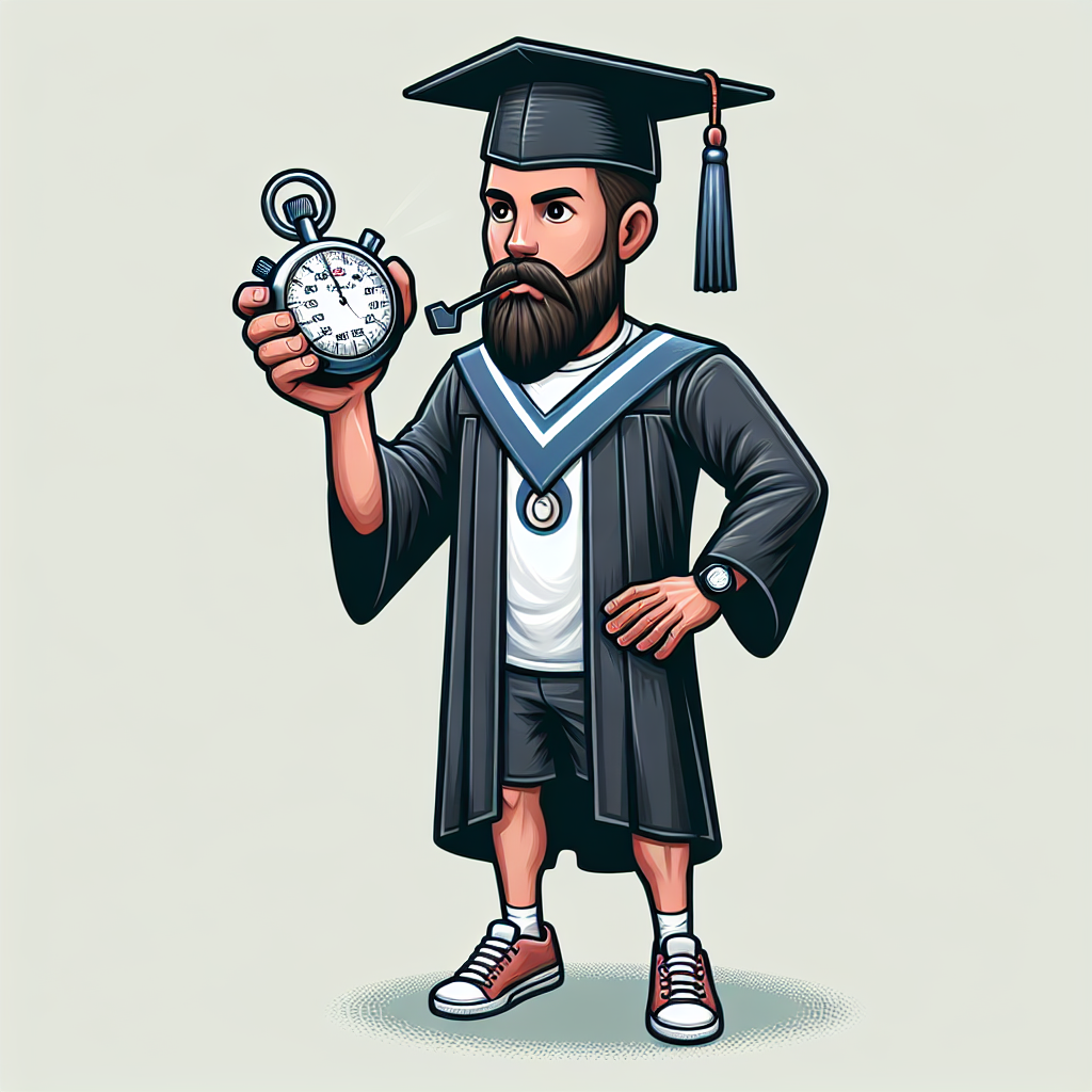 Generate a humorous illustration of a young, bearded, Caucasian man dressed in a graduation cap and gown. Instead of formal attire, he's confidently wearing a casual t-shirt and shorts. He's holding a stopwatch in one hand, representing his punctual accomplishment. With his other hand, he's blowing a whistle to subtly declare his success in obtaining a Physical Education teaching degree.
Generated with these themes: Cartoon of Young bearded man, graduating with a PE teaching degree wearing cap & gown with shorts & t shirt and carrying a stopwatch and blowing a whistle.
Made with ❤️ by AI.