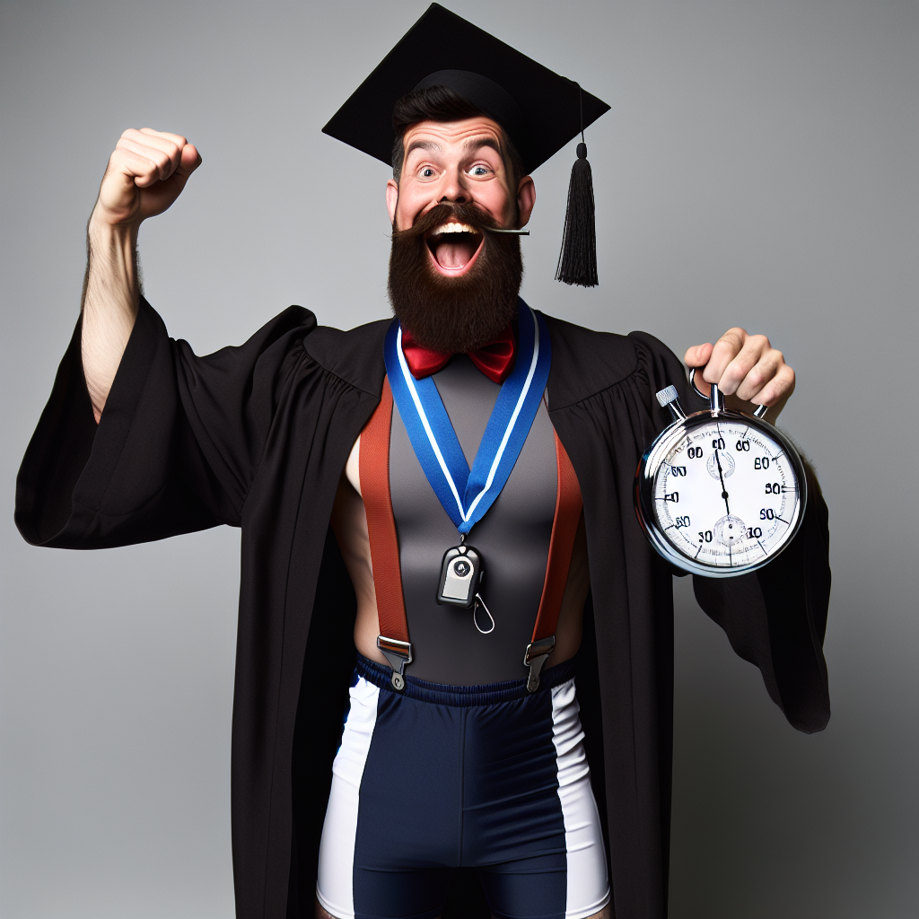 A humorous image showing an exuberant graduate with a beard, wearing a cap and gown, posing in celebration. Surprisingly, his attire underneath is made up of sports clothes, signifying his major in physical education. He's holding a stopwatch in one hand marking the moment of victory, and has a whistle in his mouth, poised to usher in fresh starts. This physical education graduating teacher is the personification of happiness and achievement.
Generated with these themes: Cartoon of Young bearded man, graduating with a PE teaching degree wearing cap & gown with shorts & t shirt and carrying a stopwatch and blowing a whistle.
Made with ❤️ by AI.