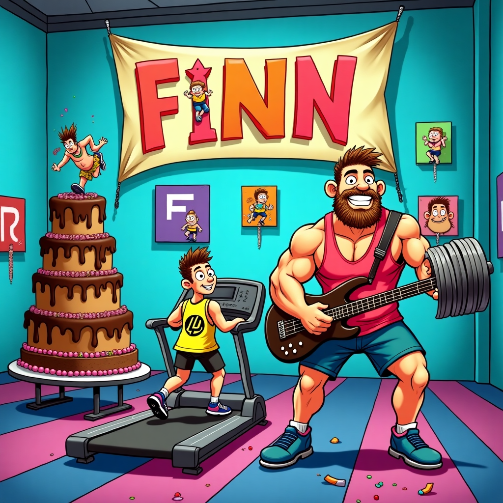 On the front cover of the greeting card, imagine a vibrant, bustling gym scene, bursting with color and life. The setting is a quirky, cartoonish gym with walls painted in bold, electric blue, dotted with cartoon-style posters of Linkin Park album covers. 

In the foreground, a muscular, exaggerated character in a bright red tank top lifts a dumbbell shaped like a bass guitar. The bass guitar dumbbell is comically oversized, its strings glimmering in silver, with the neck of the guitar arching over the character’s shoulder.

Beside this character stands another, with exaggerated comic features, wearing a yellow tank top emblazoned with a cartoonish, distorted Linkin Park logo. This character is enthusiastically running on a treadmill. The treadmill is quirky and looks like it’s part chocolate cake, with a chocolate sponge track and dripping chocolate icing sides.

To the left, there is a grand, towering chocolate cake in the shape of a gym bench press, with frosting crafted to look like weights. The frosting is rich brown, with colorful sprinkles scattered like confetti. Perched atop the cake is a small, cheeky cartoon figure playing a bass guitar, mimicking an iconic rock star pose.

In the background, a large banner hangs from the gym's ceiling with the word "Finn" written in bold, cartoonish letters. The banner flutters with animated dynamism, as if caught in a whimsical breeze, with each letter painted in a different vibrant color: F in neon green, I in bright orange, N in deep purple, and another N in cherry red.

Adding a playful touch, small, energetic cartoon characters in gym gear are scattered throughout, interacting with the scene. One might be spotting for the cake bench press, while another dangles from the strings of the bass guitar dumbbell, as if it were a jungle gym.

The overall scene is set against a backdrop of exaggerated gym equipment, cartoonishly oversized and colorful, with some equipment having little feet, whimsically hinting that they might just walk away. The entire illustration draws inspiration from the playful, detailed style of Bill Watterson and the dynamic, lively feel of Osamu Tezuka's work, capturing an energetic birthday celebration that's as entertaining as it is unique.
Generated with these themes: Linkin park, Gym, Bass guitar, and Chocolate cake.
Made with ❤️ by AI.