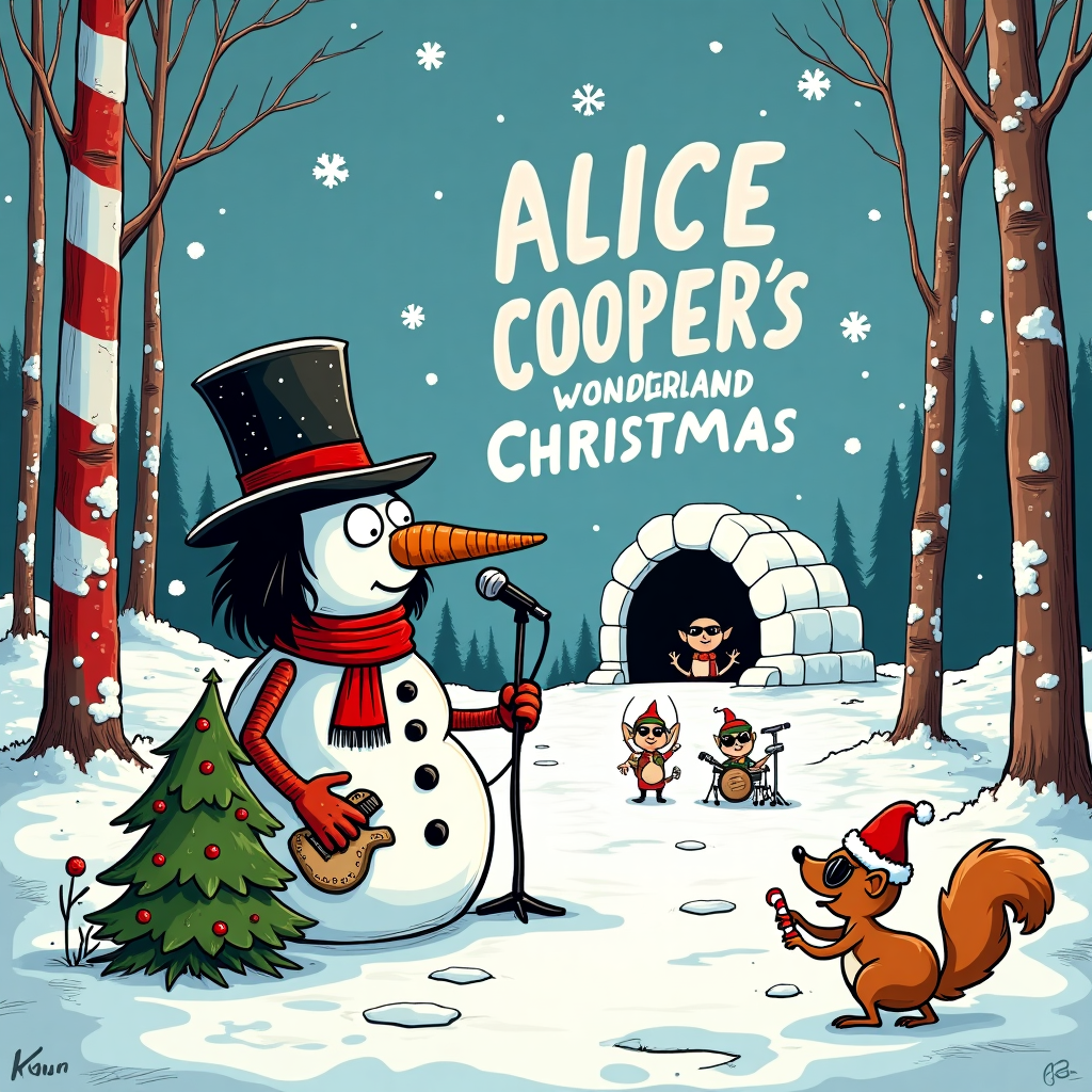 In this surreal cartoon Christmas scene, imagine a whimsical winter wonderland where Alice Cooper himself has been reimagined as a character straight out of a fantasy comic strip. The scene is set in an enchanting snow-draped forest where towering, candy-cane-striped trees stand amidst sparkling mounds of snow. At the center, Alice Cooper is depicted as a rock 'n' roll snowman, complete with a top hat adorned with tiny Christmas lights and a guitar-shaped carrot for a nose. His eyes are oversized and expressive, reminiscent of Osamu Tezuka's manga style, and he wears a tattered leather scarf around his neck.

To his left, a quirky, anthropomorphic Christmas tree, inspired by Bill Watterson's playful characters, holds a microphone as it appears to belt out a festive duet with Alice. Scattered throughout the forest are mischievous, elf-like creatures resembling characters from The Far Side, sporting aviator sunglasses and rocking out on miniature drum sets made from acorns.

High above, in the cloudy sky, the recipient's name "Eva" is cleverly integrated into the swirling snowflakes, as if written by a mischievous gust of wind. In the background, an igloo concert stage shaped like a giant top hat showcases the words "Alice Cooper's Wonderland Christmas," with icicles forming the letters. Finally, a small squirrel wearing a Santa hat, inspired by the style of Charles Schulz, watches from a nearby branch, clutching a festive candy cane, adding a touch of whimsical charm to this delightful, surreal holiday greeting card scene.
Generated with these themes: Alice Cooper.
Made with ❤️ by AI.