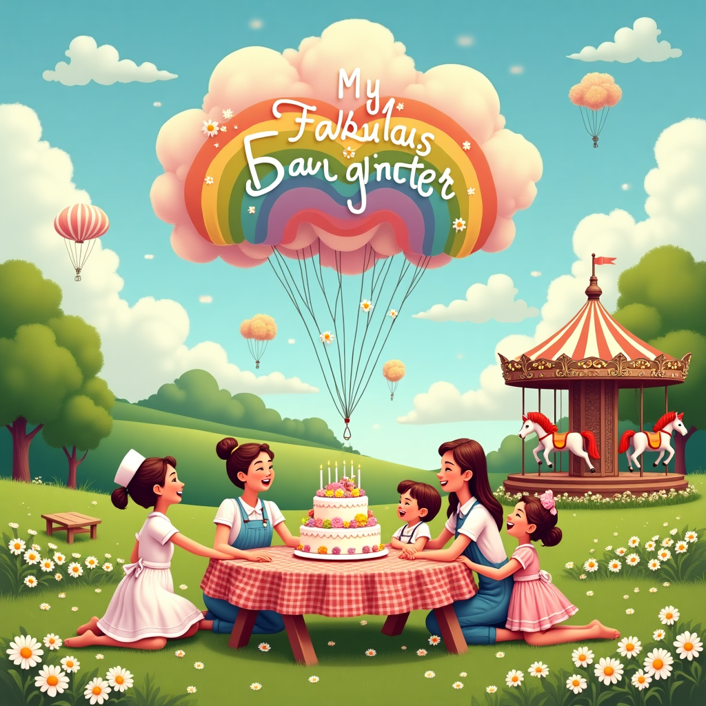 In this whimsical and vibrant scene, envision a bustling park on a sunny day, with rolling green hills and clusters of white and yellow daisies gently swaying in the breeze. At the center, there's a charming picnic table draped with a gingham cloth, laden with a spectacular birthday cake crowned with a cascade of icing daisies. Seated around the table are three friends, their expressions animated with laughter, and one of them dressed in a vintage nurse's uniform with a playful twist—a daisy tucked behind her ear and a stethoscope made of candy necklaces draped around her neck. They are joined by a joyful mother, whose warm embrace envelops a cheerful child. Above them, a series of vibrant, rainbow-hued balloons float towards the sky, tethered to a string that weaves through the scene. As the centerpiece of this sky, a large, fluffy cloud takes the form of the words "My Fabulous Daughter," artistically crafted to appear as if nature itself is celebrating the special day. Nearby, a quaint, antique carousel turns slowly, its horses adorned with flower garlands, adding to the lively and enchanting atmosphere. All elements combine to create a captivating tableau, bringing together a blend of classic illustration influences and imaginative storytelling.
Generated with these themes: Daisies, Parks, Friends, Nurse, Birthday Cake, and Mother.
Made with ❤️ by AI.