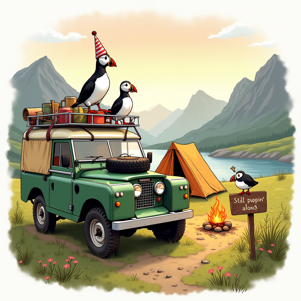 At the top of the Illustration Style image, 60 today!

Hand-drawn illustration with fine linework and textured brush strokes, balanced composition, and a warm, expressive color palette. A classic moss-green Land Rover (slightly muddy, charmingly battered) is parked at a cozy highland campsite. The roof rack brims with camping gear—rolled canvas, enamel mugs, a whistling kettle, a string of tiny festive bunting and fairy lights. A plump puffin in a tiny party hat stands proudly on the bonnet, wing outstretched as if giving directions, while another puffin wobbles near the campfire attempting to toast a marshmallow. In the background, dramatic mountains rise against a golden-hour sky, with heather, wild grasses, and a glimmering loch adding depth. The scene is playful yet detailed: soft, warm oranges and pinks in the sky, mossy greens and teal shadows, crisp ink lines with watercolor-like washes, and visible paper grain. Keep the composition airy with clear sky space at the top for the headline, the Land Rover and tent slightly off-center, the campfire and puffins drawing the eye for a humorous focal point.

At the bottom, add a small hand-lettered caption on a wooden campsite sign: Still puffin' along!
Generated with these themes: Land-rover puffin mountains camping, and .
Made with ❤️ by AI.