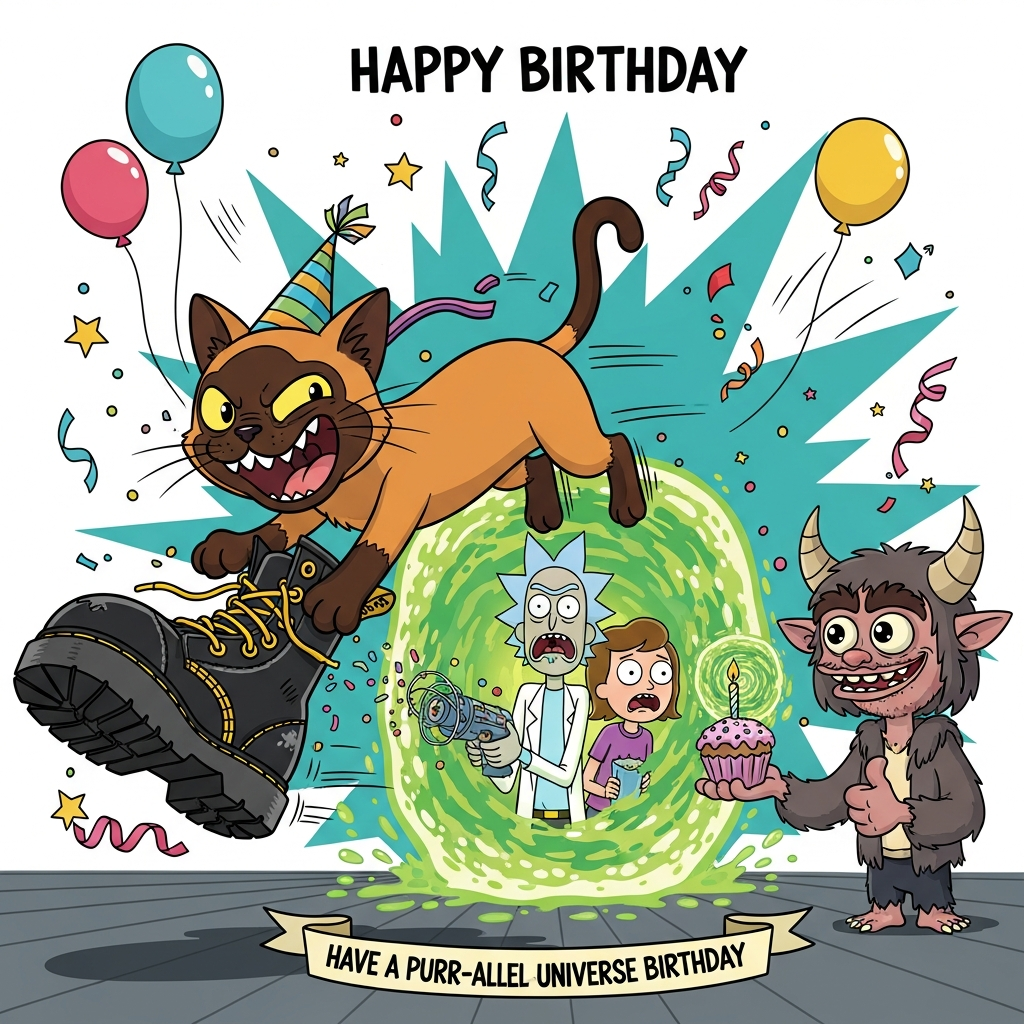 At the top of the Cartoon Style image, Happy Birthday

Playful, funny cartoon scene with exaggerated proportions, thick black outlines, and bright saturated colors: In the center, a mischievous Siamese ginger cat rockets forward wearing oversized black Doc Martens boots with chunky yellow stitching and heel loops, laces flying, party hat askew, goofy grin. Behind it, a swirling neon-green sci‑fi portal splashes onto the floor. From the portal, a spiky‑haired, grumpy scientist and his nervous teen sidekick peek out in astonishment (a cheeky nod to Rick and Morty), one holding a whirring gadget that sprays confetti. On the other side, a friendly, shaggy horned monster with huge eyebrows and a big, dopey smile (a playful wink to Big Mouth) offers a cupcake topped with a portal‑swirl candle and gives a thumbs‑up. Background: energetic teal starburst, floating balloons, comic‑style stars, streamers, and motion lines; high-energy, whimsical poses; bold, clean outlines. The boots look slightly scuffed, with bright yellow stitching popping. Lighting is bright and punchy with crisp shadows.

Add a small, funny caption at the bottom on a ribbon: "Have a purr‑allel‑universe birthday!"
Generated with these themes: Doc Martin Boots, Rick and Morty, Big mouth TV show, Siamese Ginger cat, and .
Made with ❤️ by AI.