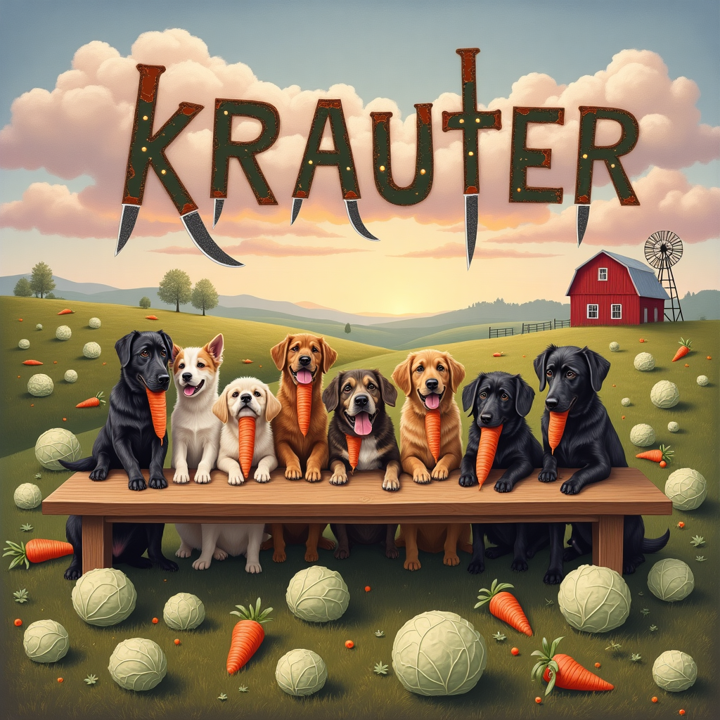 In a whimsical landscape inspired by Claude Monet, a festive and eccentric Christmas scene unfolds on the front cover of the greetings card. The foreground is bustling with eight charming dogs of various breeds, their fur coats reflecting shades of golden browns and rich blacks. They are sitting in a semi-circle on a large, rustic, wooden table that looks as though it was plucked from a countryside farm kitchen. Each dog has its own vibrantly orange carrot, held delicately between paws or balanced amusingly on their noses, as if they are about to perform a balancing act. Their expressions range from inquisitive to mischievous, adding to the humor of the scene.

The background is a vivid landscape of rolling hills under a soft, pastel sky, where strokes of lavender and peach merge seamlessly. Large heads of cabbage, painted with brushstrokes that suggest texture and depth, are scattered across the scene, some rolling down the hill, seemingly escaping from the commotion. Interspersed among the cabbages are shiny kitchen knives planted in the ground like makeshift scarecrows, their handles crafted from beautifully polished wood, catching the light in glints of silver.

Above this playful tableau, the sky is adorned with fluffy clouds, intricately shaped to spell out "Krauter" in bold, whimsical lettering that appears to float on the horizon. The clouds are tinged with hues of sunset pink and gold, drawing the viewer’s eye upwards in a festive flourish. In the distance, a quaint barn is visible, painted in soft strokes of red and white, with a small windmill spinning gently beside it, tying in the farming theme and completing this imaginative Christmas card scene.
Generated with these themes: 8 dogs eating carrots in the style of claude monet, Cabbage , Kitchen knives, and Farming.
Made with ❤️ by AI.