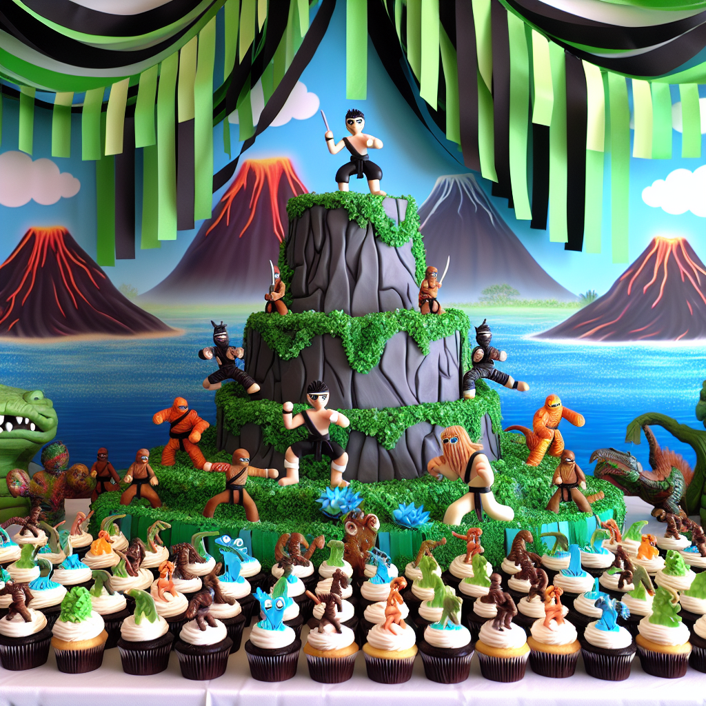 Imagine a cheerful, cartoon-style birthday celebration atmosphere. There are vibrant streamers crisscrossing overhead in hues of green and black, serving as a playful imitation of jungle vines and martial arts training ropes. A unique centerpiece cake stands tall, architectural in its design, showcasing edible martial arts warriors in action, positioned atop a prehistoric, volcano backdrop suggestive of an ancient landscape. Surrounding the main cake, numerous adorable 'island' cupcakes follow the theme, each adorned with delightful sugar-crafted creatures and martial arts characters, extending a delicious invitation for a thrilling yet delectable adventure to the children attending the party.
Generated with these themes: Ninjago , and Jurassic World .
Made with ❤️ by AI.