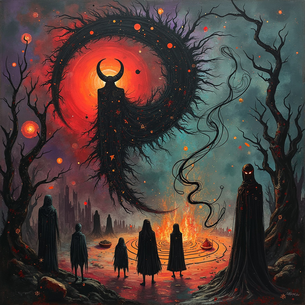 Imagine a birthday greetings card cover where a surreal, abstract scene unfolds in a dark yet fantastical dimension. At the center of the scene, a large, spiraling vortex of deep, crimson and midnight black hues draws the eye. This vortex is composed of fragmented, geometric shapes reminiscent of Kandinsky's dynamic compositions, swirling and intertwining like a galactic whirlpool.

Emerging from the vortex, there is a towering figure of Satan, but rendered in the style of Piet Mondrian, with his form broken down into a series of intersecting black lines and primary color blocks. His eyes, glowing orbs of vibrant red, pierce through the abstraction, while his horned silhouette is outlined in gold, adding an eerie, regal presence.

To the left of the vortex, a series of chaotic, energetic strokes in the manner of Jackson Pollock splatter across the scene, forming an abstract representation of a witch's cauldron. From this cauldron, ethereal wisps of green and purple energy rise and twist, each line meticulously detailed to suggest serpents and arcane symbols. These wisps extend towards a dark, clouded sky, reminiscent of Mark Rothko's color fields, with ominous shades of black, grey, and a touch of blood red.

On the right side of the scene, a ritual circle is depicted using geometric precision, similar to Kazimir Malevich's Suprematist compositions. This circle, drawn in stark white against the dark background, is filled with cryptic runes and symbols. Standing around the circle are shadowy, faceless figures cloaked in deep, swirling blues and purples, their forms indistinct but menacing, a nod to Willem de Kooning’s abstract figures.

Interspersed throughout the scene, there are whimsical, almost childlike drawings in the style of Joan Miró, with stars, crescent moons, and curious creatures with elongated limbs and bulging eyes. These elements add an unexpected touch of surrealism and whimsy amidst the dark themes.

Finally, the background of the card is textured with Cy Twombly-inspired scribbles and scratches, creating a sense of chaotic energy and movement. Amongst these scribbles, hidden messages and birthday wishes in an almost unreadable script can be discerned, blending into the abstract texture.

Overall, the scene is a complex tapestry of dark, surreal elements woven together with inspiration from various abstract artists, creating a unique and captivating birthday card cover.
Generated with these themes: Satan, Devil, Wichcraft, and Dark .
Made with ❤️ by AI.