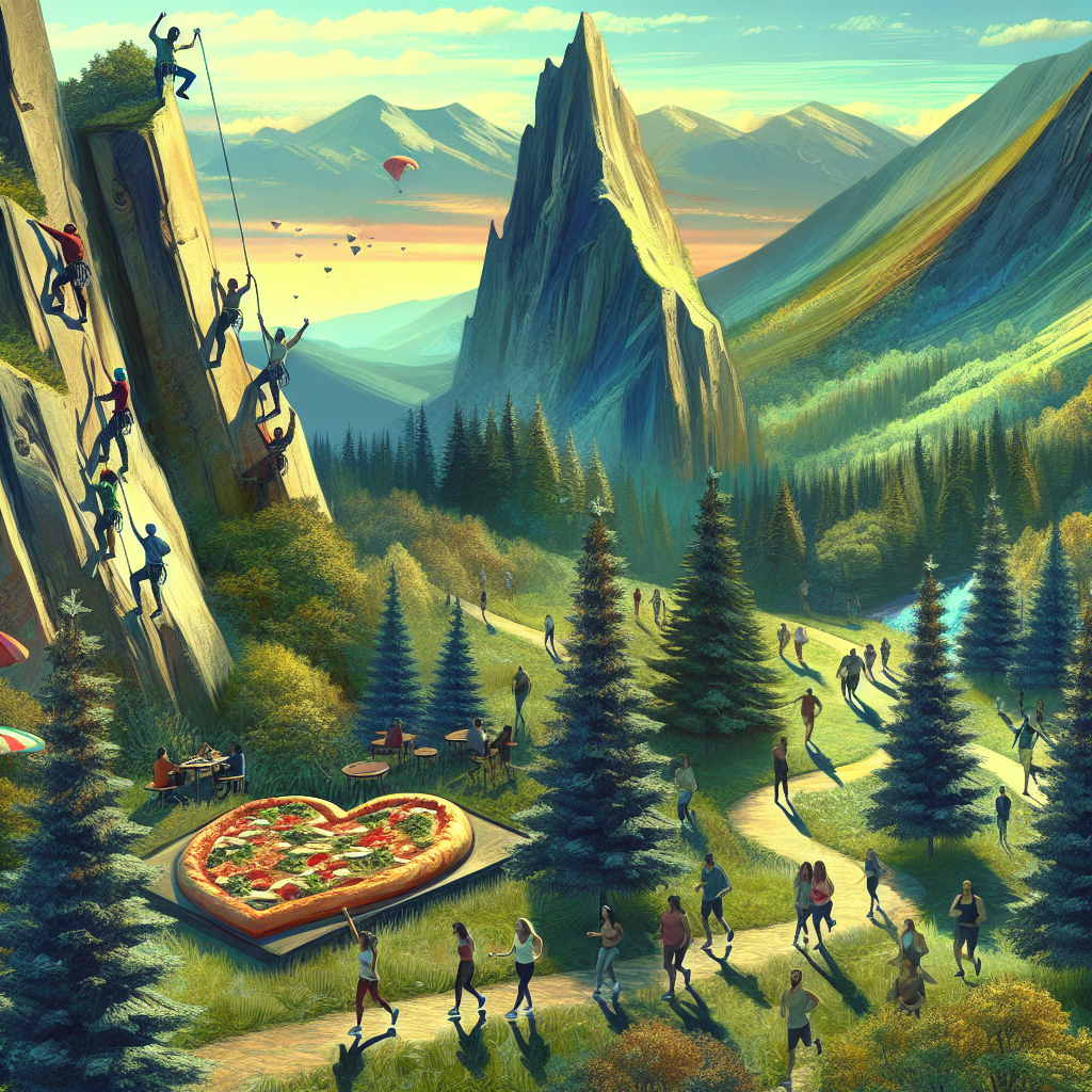 Picture a tranquil environment where high peaks intersect with verdant woods, serving as a haven for a Valentine's Day celebration. The immense beauty of nature inspires activities of unity; rock climbers, a diverse assembly of men and women of various descents, ascend the earthy structures, their outlines contrasting against the heavens, exemplifying the overcoming of life's hurdles together. Paths cross through the forest, with pairs, each of different racial backgrounds and genders, commencing on cheerful runs, their steps in rhythm with the pulse of the planet. In a snug forest glade, the aroma of a heart-shaped pizza, freshly baked, permeates the area, symbolizing the delights of love, giving the love-smitten explorers a whimsical and edible break.
Generated with these themes: Mountains and forest, rock climbing, trail running, pizza heart.
Made with ❤️ by AI.