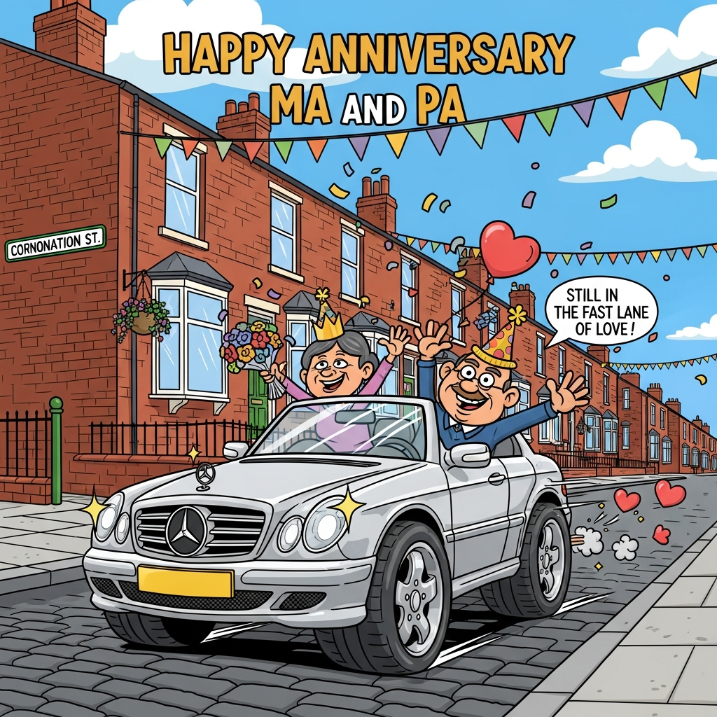 At the top of the Cartoon Style image, Happy Anniversary Ma and Pa

Playful, funny cartoon scene with thick black outlines and bright saturated colors. A sunny cobbled Northern English street inspired by Coronation Street: red-brick terraced houses, hanging flower baskets, and a green enamel street sign on a brick corner that reads “Coronation St.” Center stage, a shiny silver Mercedes with an oversized, comedic three-pointed star on the grille; exaggerated proportions (big wheels, chunky tires, small cabin), sparkling highlights. Ma and Pa are joyful cartoon characters in whimsical, energetic poses: both leaning out of the Mercedes waving, wearing tiny golden crowns and festive party hats, Ma clutching a bouquet, Pa holding a heart-shaped balloon; confetti and heart-shaped exhaust puffs swirling around them. Overhead bunting zig-zags across the street; a small cheeky caption on a nearby banner/speech bubble reads: “Still in the fast lane of love!” Dynamic motion lines, blue sky with fluffy clouds, warm, humorous vibe; clean, bold vector look; portrait composition with the car large and central, text crisp and legible.
Generated with these themes: Coronation street, Mercedes, and .
Made with ❤️ by AI.