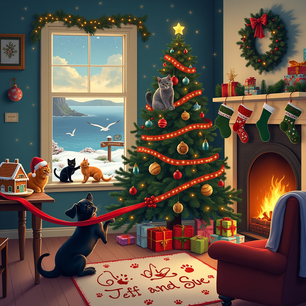 In a cozy Cornwall seaside cottage, a cheerful Christmas scene unfolds. The cottage is adorned with twinkling fairy lights and a festive wreath on the door. Inside, a roaring fireplace casts a warm glow, its mantle decorated with stockings and holly. A small black dog, wearing a Santa hat, is playfully tugging at a red ribbon that is wrapped around a giant, beautifully decorated Christmas tree in the corner. Beside the tree, two mischievous cats are perched on a sturdy branch, batting at shiny ornaments. One cat is ginger and the other is grey, both wearing little elf hats.

The room is filled with Christmas cheer: a table set with a traditional Cornish pasty feast, complete with mince pies and a bottle of vodka prominently displayed. On the table, there’s also a gingerbread house with the names "Jeff and Sue" intricately iced onto the roof.

In the background, a window reveals a picturesque view of the Cornwall coast, with waves gently lapping against the shore and seagulls soaring. Outside, "Jeff and Sue" is written in the snow-covered yard, the letters formed by a trail of paw prints, leading to a signpost decorated with fairy lights that reads "Welcome to Cornwall."

Every corner of the room is filled with festive touches: a stack of wrapped presents with colorful bows, an armchair with a cozy blanket draped over it, and a string of Christmas cards hanging above the window. The scene is bustling with holiday spirit, capturing the joy and warmth of Christmas in Cornwall.
Generated with these themes: Small black dog, Two cats, Vodka , Cornwall , and Cosiness.
Made with ❤️ by AI.