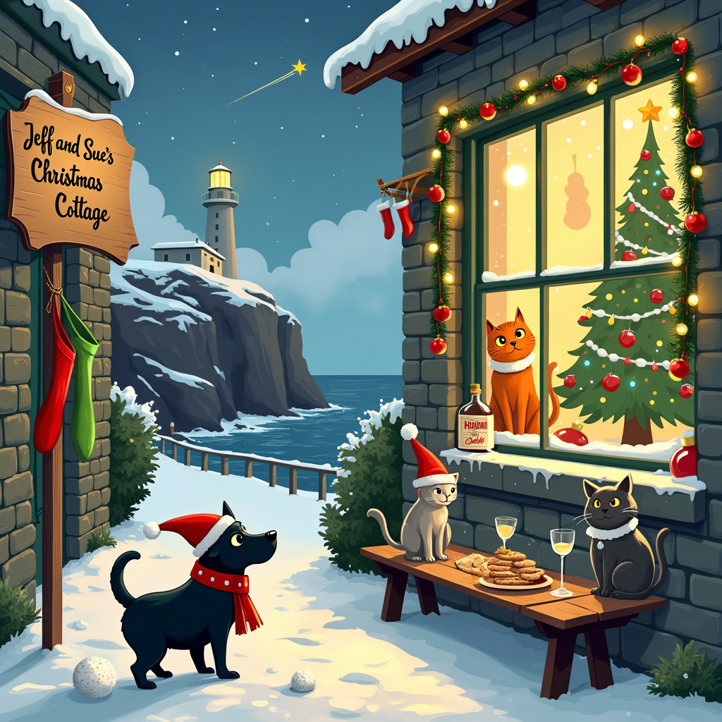 In the cozy, snow-dusted town of Cornwall, an enchanting Christmas scene unfolds on a charming cobblestone street. In the foreground, we see a jolly, small black dog wearing a Santa hat and a festive red-and-green scarf, cheerfully chasing a large snowball down the lane. Nearby, two mischievous cats, one orange tabby and the other a sleek gray, are perched on a windowsill of a quaint, stone cottage. They are both adorned with tiny elf hats and are batting at Christmas baubles hanging from a garland that wraps around the window frame.

Above the window, a wooden sign reads "Jeff and Sue's Cozy Christmas Cottage" in elegant, curly letters illuminated by twinkling fairy lights. Through the frosted glass window, we can see the warm glow of a fireplace with stockings hanging from the mantle and a beautifully decorated Christmas tree standing proudly in the corner, adorned with tinsel, ornaments, and a shining star on top.

In the background, the iconic rugged cliffs of Cornwall are visible, with the sea gently lapping against them. Perched on the cliffside is a whimsical lighthouse, its beacon glowing softly. A colorful string of Christmas lights wraps around the lighthouse, adding to the festive cheer.

On a nearby wooden bench, there are two glasses and a bottle of vodka labeled "Cornish Spirits" placed thoughtfully beside a platter of Christmas cookies. One of the cats has jumped down to investigate the cookies, while the other peers curiously at the vodka bottle. Above the scene, in the sky, "Merry Christmas Jeff and Sue" is written in puffy white clouds, with a shooting star streaking through, adding a magical touch.

Every element of this scene is detailed with a nod to classic comic artistry, blending the whimsical charm of Schulz's "Peanuts" with the intricate backgrounds reminiscent of Hergé's "Tintin." The characters are expressive, the setting is rich with holiday charm, and every detail tells a part of the festive story.
Generated with these themes: Small black dog, Two cats, Vodka , Cornwall , and Cosiness.
Made with ❤️ by AI.