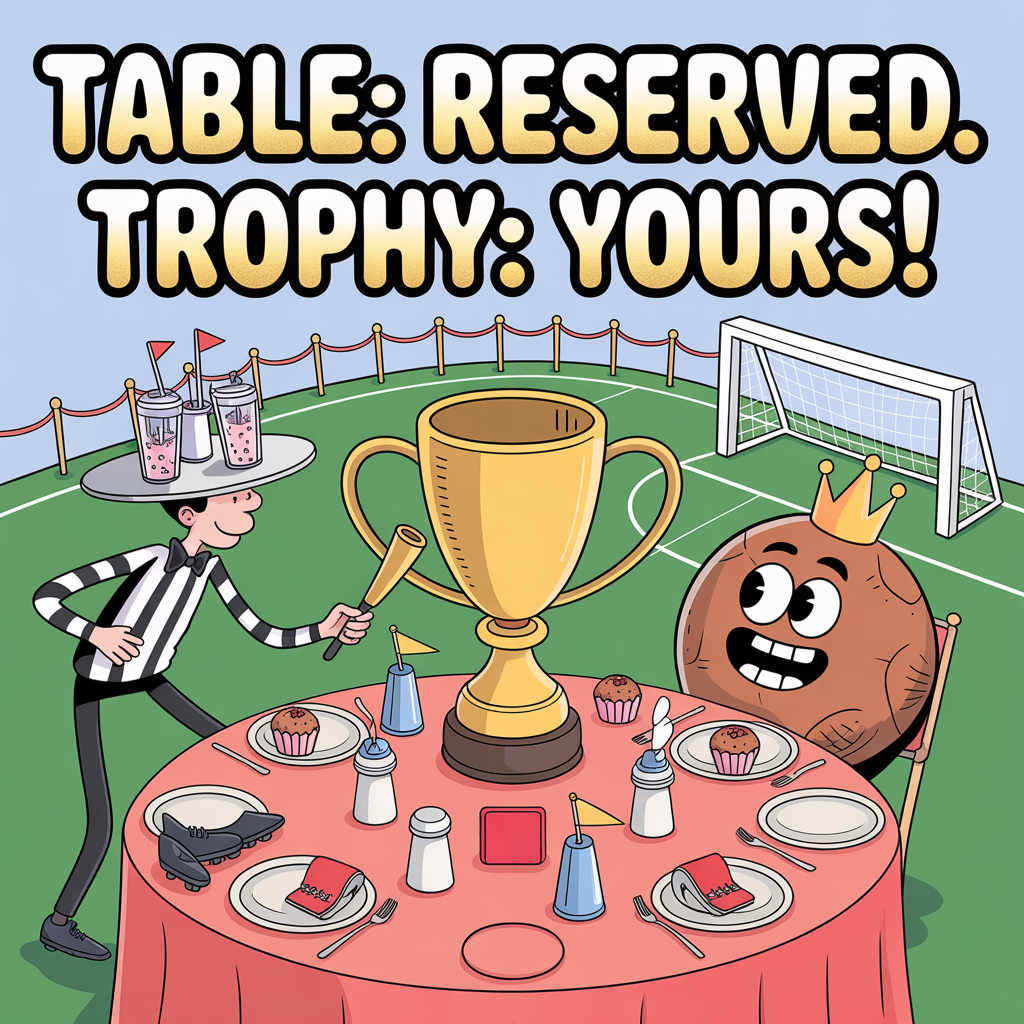 At the top of the image, in oversized, chunky bubble letters with a thick black outline and a gold sparkle sheen: “Table: Reserved. Trophy: Yours!”

- Center scene: A playful cartoon football pitch where the midfield circle transforms into a VIP round table. The table has a velvet-rope barrier made of linked whistles and corner-flags, and a gleaming oversized gold trophy as the centerpiece. A grinning football wearing a tiny crown and party hat lounges in a chair with exaggerated stubby legs and big expressive eyes. A lanky, bow-tied referee (striped shirt, comically long arms, big whistle) tiptoes in, balancing a tray stacked with football-shaped cupcakes and fizzy drinks.  
- Comedic details: The table “reserved” cue is a red-card-shaped place card holder (no text) and a mini goal acting as a chair back. Napkins folded like little jerseys, salt and pepper shakers shaped like boots, a corner flag in a vase like a flower. Confetti and streamers burst around, with star-shaped sparkles and a few balloons patterned like footballs.  
- Background: Colorful stadium stands packed with simple, blob-style fans in energetic, whimsical poses (no signs or text), plus a big goal net framing the scene.  
- Style: Playful cartoon, exaggerated proportions, thick outlines, bright saturated colors (lush pitch greens, bold reds, sunny yellows, sky blues), bouncy, dynamic poses, soft shading and glossy highlights.  
- Important: Keep the headline as the only text in the artwork.
Generated with these themes: Football reserved table, and .
Made with ❤️ by AI.