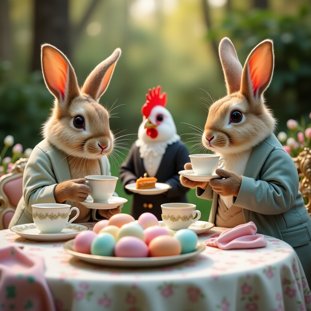 **Prompt:**  

A hyper-realistic photograph of a luxurious Easter garden party set in an elegant Victorian estate garden, with rabbits dressed in aristocratic 18th-century attire (think powdered wigs and monocles) sipping tea from fine china. One dapper bunny has accidentally dipped his ears into his teacup and looks mildly embarrassed. Surrounding them are pastel-colored Easter eggs stacked like fancy macarons on a silver platter. In the background, a chicken wearing a tiny butler outfit serves carrot cake with an air of dignity. The lighting is warm spring sunshine, and everything has a touch of refined chaos, making the scene charmingly ridiculous.
Generated with these themes: Elegant Easter scene.
Made with ❤️ by AI.