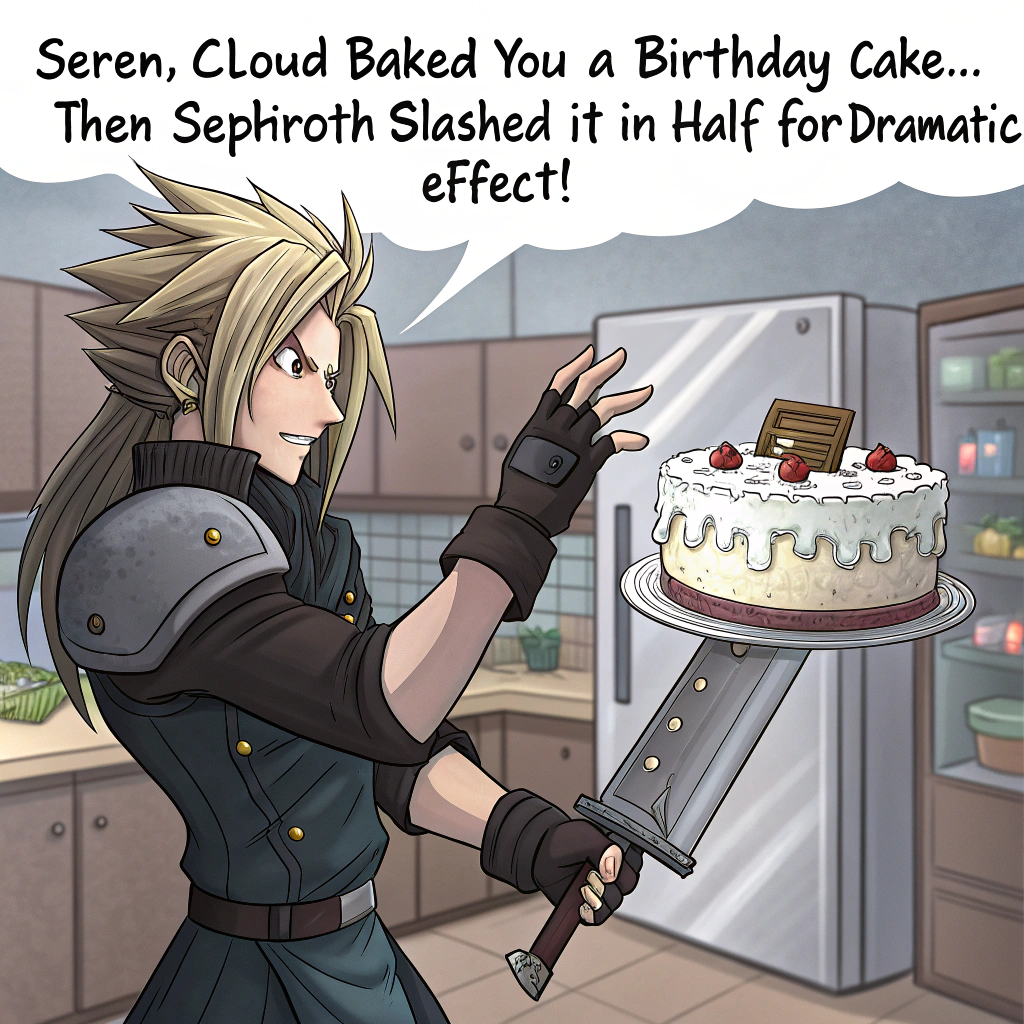 At the top of the image, "Seren, Cloud baked you a birthday cake… then Sephiroth slashed it in half for dramatic effect!"

– The realistic photograph features an epic yet hilarious birthday standoff in a modern kitchen: Cloud Strife stands heroically holding a half-frosted birthday cake on his Buster Sword, looking proud but slightly confused. Opposite him, Sephiroth dramatically slices the air with Masamune, cake crumbs flying, his long silver hair gleaming under the fridge light. In the background, a handmade "Happy Birthday Seren!" banner droops between spice racks. Confetti flutters mid-air as if caught in slow motion.
Generated with these themes: Sephiroth, and Cloud Strife .
Made with ❤️ by AI.