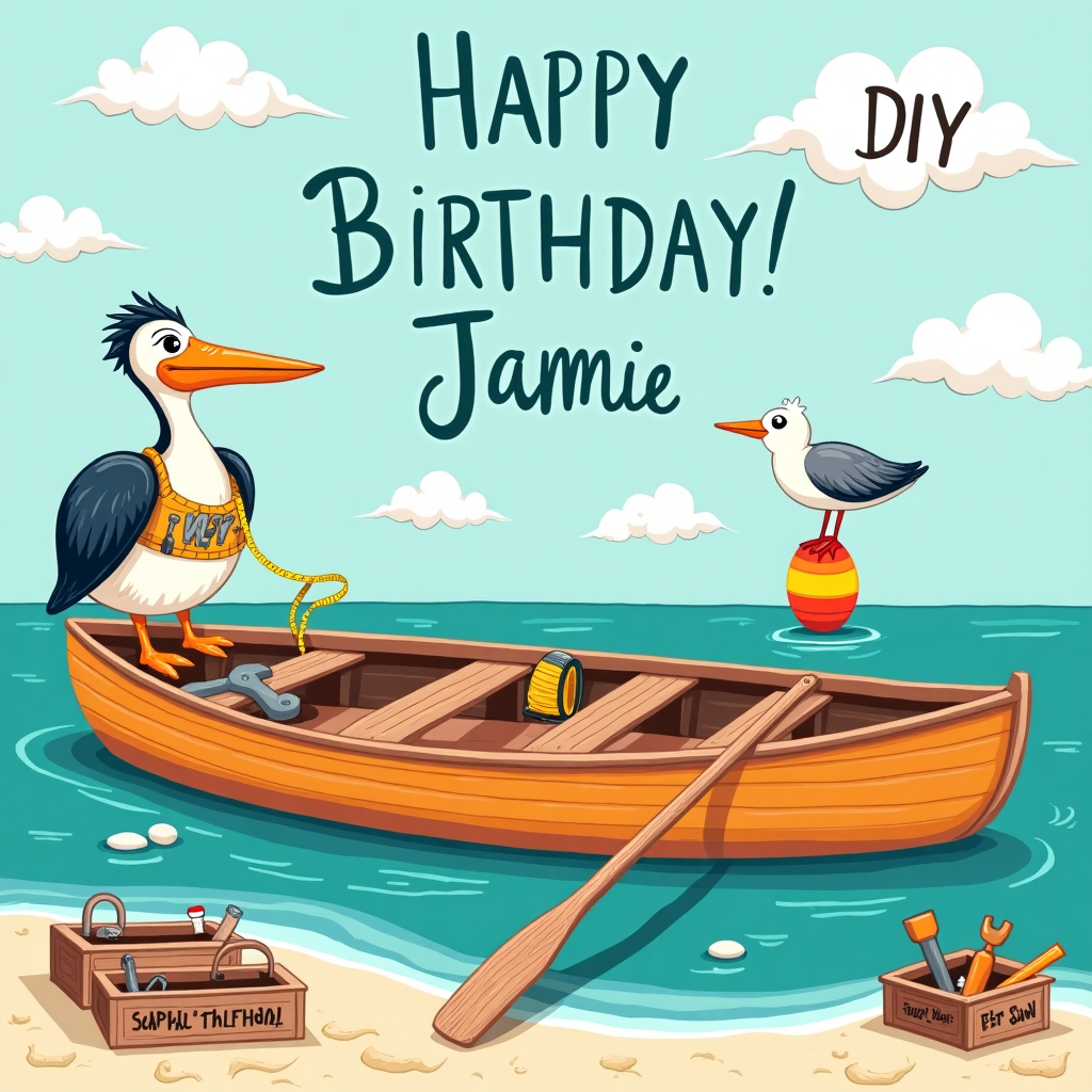 The front cover of the birthday greeting card showcases a humorous and imaginative seaside scene. Anchored in the center is an oversized wooden rowboat, painted in vibrant hues of orange and teal. The boat is humorously transformed into a DIY workshop, with an assortment of tools scattered across its benches. A bright yellow tape measure is coiled around the boat's oars, and a hammer and nails are humorously embedded in the wooden planks, as if the boat itself is a work in progress. Perched atop the boat is a jolly pelican, wearing a tool belt filled with screwdrivers and wrenches. The backdrop features a calm sea with scattered wooden floating toolboxes, each labeled with names of quirky tools like "Captain's Wrench" and "First Mate's Saw." In the sky above, fluffy clouds are cleverly arranged to spell out "Happy Birthday Jamie!" in a whimsical font. A cheerful seagull, carrying a small paintbrush in its beak, appears to be the artist behind the cloudy birthday message. The scene is completed with a small, colorful buoy bobbing in the water, emblazoned with the number of Jamie’s birthday, tying together the nautical and DIY themes in a playful celebration.
Generated with these themes: Boats, Tools, DIY, and .
Made with ❤️ by AI.