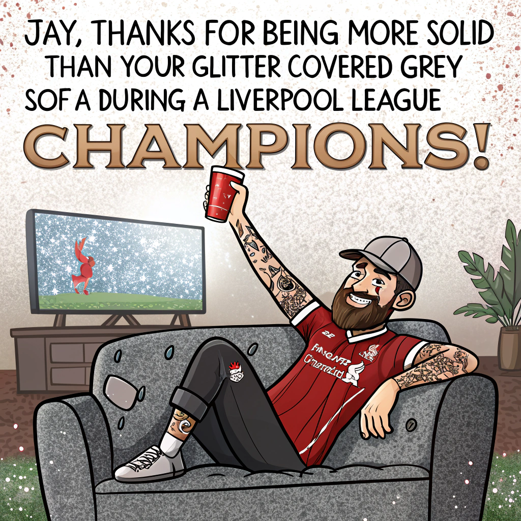 Man, slim , Birthday, Liverpool fc shirt, Liverpool fc baseball hat, Liverpool are league champions, Grey Sofa, One houseplant, Lots of glitter, Tattoos, Beard, and Thank-you Card