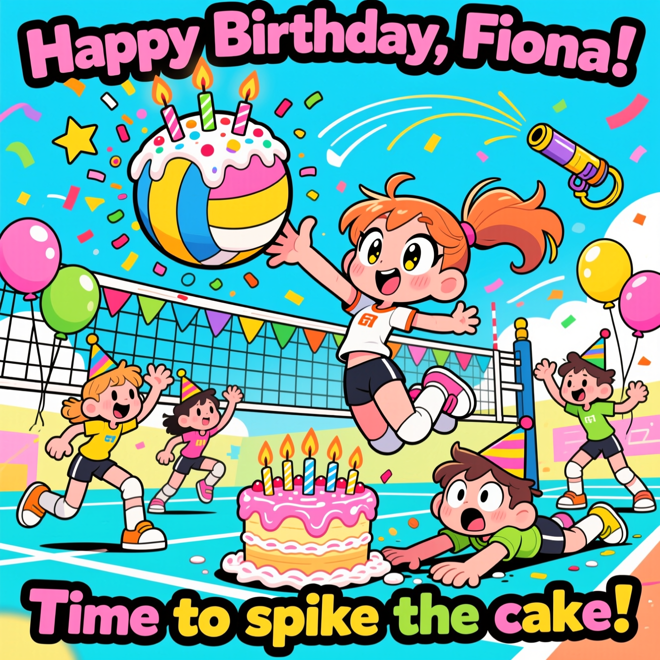 At the top of the Cartoon Style image, "Happy Birthday, Fiona!"

At the bottom of the image, "Time to spike the cake!"

Anime-volleyball birthday scene in a playful cartoon style: Fiona, an energetic anime volleyball ace with big sparkling eyes and a high swooshy ponytail, launches into a dramatic mid-air spike. The “ball” is a giant frosted birthday-cake volleyball with lit candles, exploding into sprinkles and icing as it zips over a net draped with colorful bunting and balloons. Teammates in goofy party hats strike exaggerated, dynamic poses—one doing an over-the-top “set,” another sliding through frosting with a shocked face. Confetti cannons pop in the background; motion arcs, starbursts, and speed lines emphasize the impact. Thick black outlines, bright saturated colors (electric cyan court, bubblegum pink, sunny yellow, lime green), whimsical proportions, shiny highlights on eyes and icing, and bouncy, energetic composition. Leave generous clear space around the top and bottom for the text; render the headline and punchline in bold, bubbly lettering with thick outlines to match the playful vibe.
Generated with these themes: Anime, Birthday, Volleyball, and .
Made with ❤️ by AI.