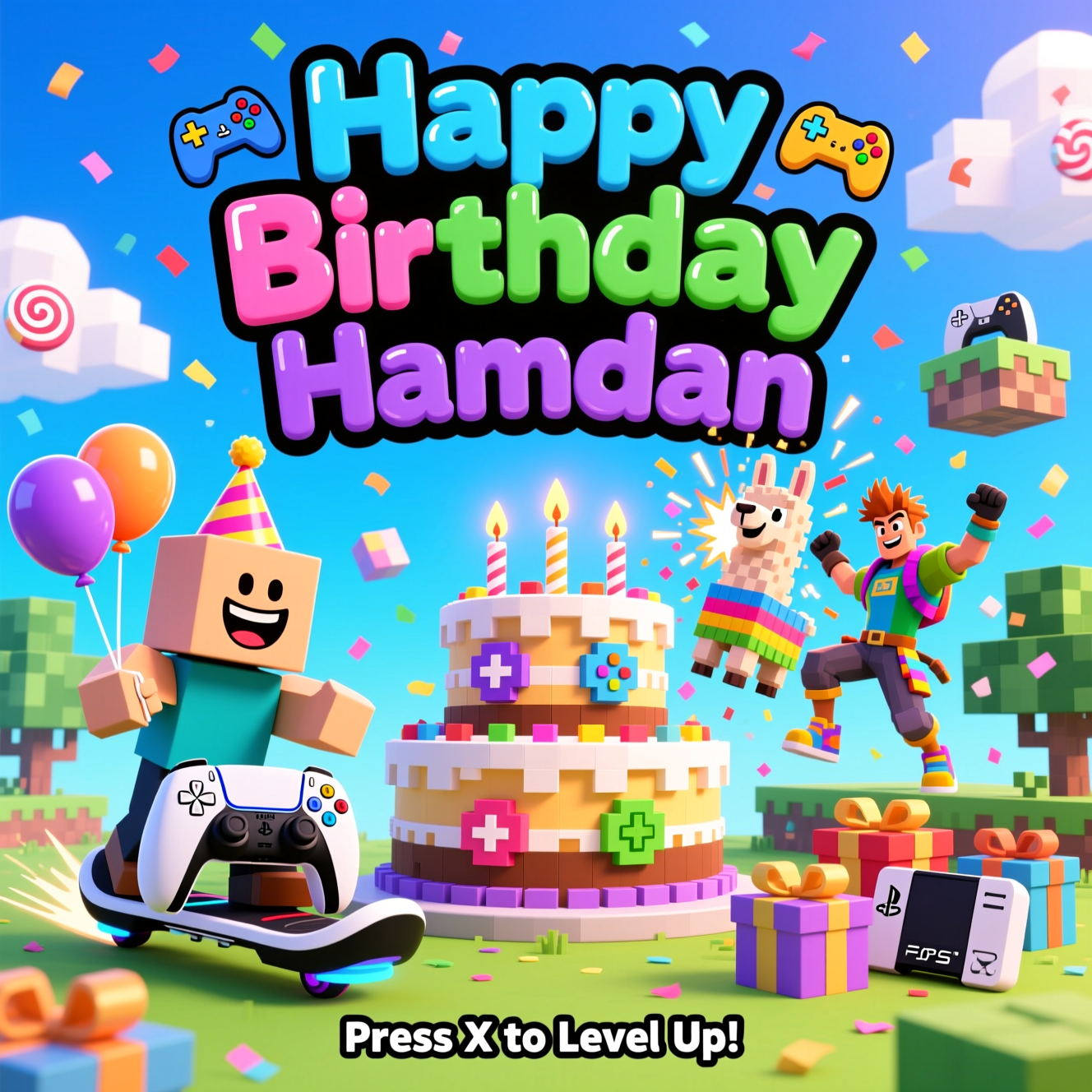 At the top of the Cartoon Style image, "Happy Birthday Hamdan" in giant glossy bubble letters with thick black outlines, styled in bright PS-button colors (blue, pink, green, purple), surrounded by confetti and tiny controller-shape icons.

Playful, funny cartoon mash-up party scene combining video games, PS5, Roblox, Minecraft, and Fortnite: Center stage is a towering voxel birthday cake built from pixel blocks, with candles shaped like controller buttons. On the left, a grinning Roblox-style avatar with an oversized head, party hat, and chunky limbs rides a sleek white-and-black PS5-style controller like a hoverboard, clutching cube-shaped balloons. On the right, a Fortnite-style hero in a colorful outfit does a goofy victory dance while a cartoonish llama piñata explodes into confetti and power-up sparkles. The background is a bright sky-blue gradient with candy clouds, floating platforms made of cubes, and blocky trees; gift-wrapped, console-shaped presents sit near the cake. Exaggerated proportions, thick outlines, bright saturated colors, energetic poses, dynamic motion lines, and a shower of playful confetti throughout; cel-shaded lighting, clean crisp finish, full-bleed composition, no brand logos.

At the bottom of the Cartoon Style image, add a small cheeky caption: "Press X to Level Up!"
Generated with these themes: Video games, PS5, Roblox, Minecraft, fortenite , and .
Made with ❤️ by AI.