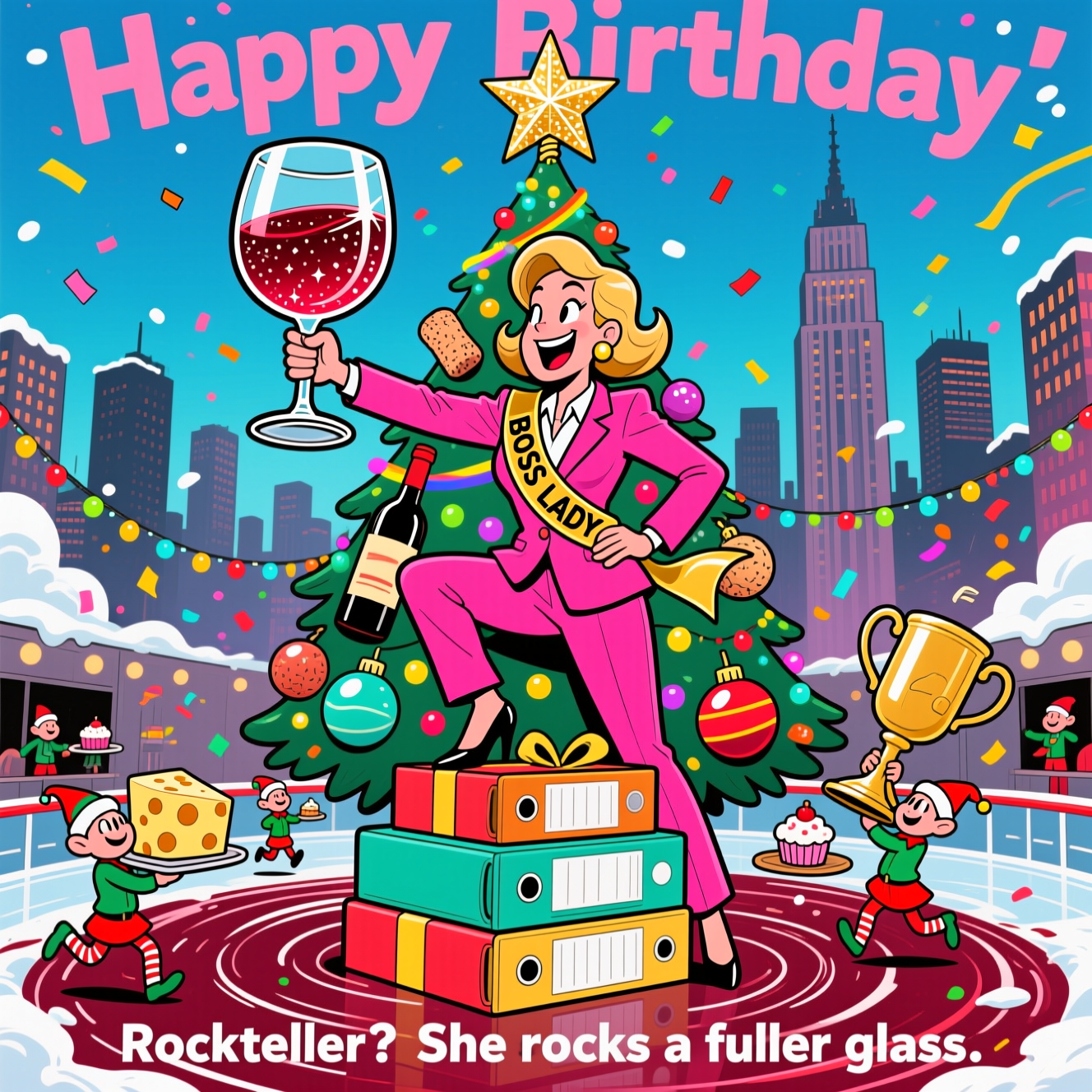 At the top of the Cartoon Style image, "Happy Birthday "

At the bottom of the image, "Rockefeller? She rocks a fuller glass."

Create a playful, funny cartoon scene with exaggerated proportions, thick black outlines, and bright saturated colors:
- Center stage: a confident boss lady in an electric-fuchsia power suit and gold “BOSS LADY” sash, striking a triumphant pose atop a stack of gift boxes shaped like office binders. She hoists an oversized wine glass (as big as her head) swirling with ruby-red, sparkly wine.
- Behind her: the colossal Rockefeller Center Christmas Tree, bursting with rainbow lights and comically large ornaments shaped like wine bottles and corks. The star on top is a dazzling corkscrew-star.
- Around the base of the tree: the rink stylized as a glossy wine swirl, tiny cartoon coworkers/elf-assistants zipping by with cheese and cupcake trays, one carrying a giant cork like a trophy.
- Add whimsical motion lines, confetti-snow, gleaming highlights, and a bold, cheerful NYC skyline silhouette for depth.
- Expression: big grin, arched brow—total CEO-of-celebrations energy.
- Palette: punchy fuchsia, emerald, gold, teal, and candy-apple red; high contrast, energetic, and festive.
Generated with these themes: Rockafeller christmas tree, Wine, Boss lady , and .
Made with ❤️ by AI.