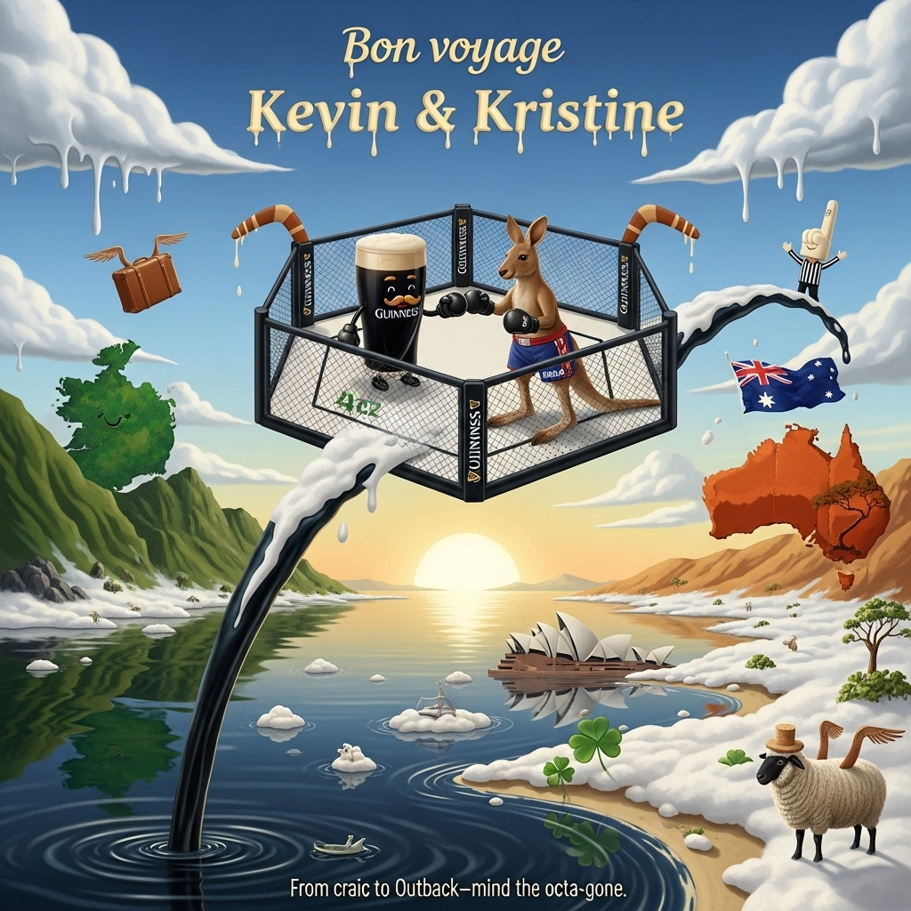 At the top of the Surreal Style image, "Bon voyage Kevin & Kristine" written in creamy Guinness-foam script, gently dripping with a soft golden glow

Dreamlike, Dali-inspired surreal landscape: on the left, a lush emerald Ireland coastline rises from a mirror-smooth ocean of dark stout; on the right, Australia unfurls as a sunlit ochre desert. A gravity-defying ribbon of poured Guinness arcs between them, midair morphing into a floating MMA octagon fused from Celtic knotwork ropes and boomerang corner-posts. Inside the ring, a cheerful anthropomorphic pint of Guinness with tiny 4oz gloves playfully taps gloves with a laid-back kangaroo in MMA shorts—both sporting silly foam moustaches, more buddy-comedy than brawl. The stout below reflects the sky; creamy foam blossoms into miniature shamrocks and hints of Sydney Opera House sails. Melting clouds stretch into elongated shapes; a huge low sun glows like a golden coin, casting long painterly shadows. Quirky details: a suitcase with boomerang wings drifts by, a woolly sheep in a cork hat strolls along the foam shoreline, and a tiny referee in a towering foam finger floats weightlessly, all under ethereal, pearly lighting. Palette: emerald greens, obsidian black, creamy whites, sunrise golds, and outback ochres. Textures feel velvety and otherworldly; composition keeps the octagon bridge as the central focal point with expansive negative space around it for airy, surreal calm and comedy.

At the bottom, a small cheeky caption in delicate script: From craic to Outback—mind the octa-gone!
Generated with these themes: Ireland moving to Australia,  mma,  guinness, and .
Made with ❤️ by AI.
