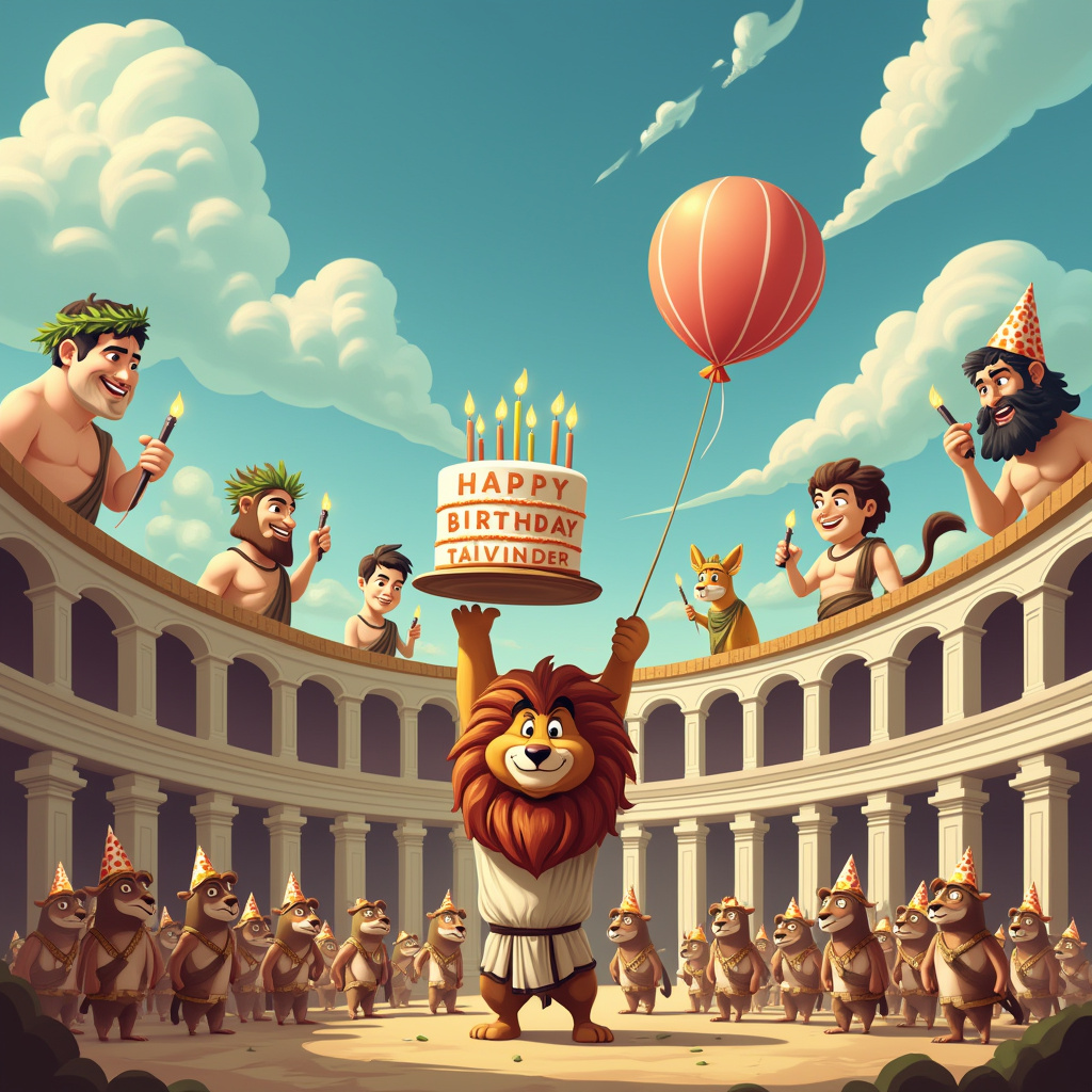 In this whimsical birthday card scene, picture an ancient Roman coliseum with a twist! Instead of gladiators, we have a group of jovial, cartoonish animals dressed in togas and laurel wreaths, each one holding a quirky object related to birthday celebrations. At the center of the arena, there's a mischievous-looking lion holding a birthday cake high above its head, decorated with bright candles spelling out "Happy Birthday Talvinder!" in colorful icing. Above the arena, fluffy clouds swirl in a vibrant blue sky, and each cloud has been cheekily sculpted into the shape of various Roman gods, watching over the festivities with amused expressions. A large balloon floats above the coliseum, tied with a string that cleverly forms Talvinder's name as it waves in the gentle breeze. On the left side of the scene, a row of stone pillars has been humorously adorned with party hats, while a troop of Roman centurions, all cartoonishly styled, march around with party poppers and confetti cannons instead of swords. The artist will have fun creating expressive animal characters, detailed Roman architecture, and the playful elements of a birthday celebration seamlessly woven into this ancient setting.
Generated with these themes: Rome.
Made with ❤️ by AI.
