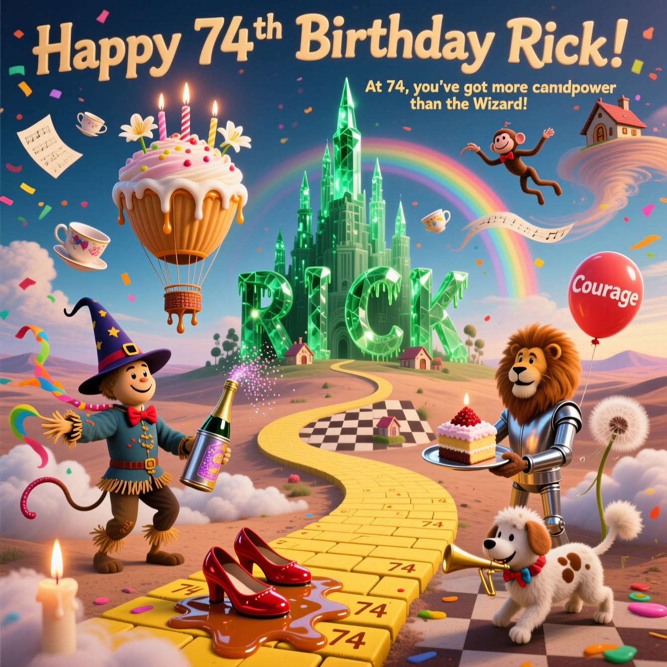 At the top of the Surreal Style image, "Happy 74th Birthday Rick!"

At the bottom of the image, "At 74, you’ve got more candlepower than the Wizard!"

Surreal, Dali-inspired Wizard of Oz scene: a melting yellow brick road curls like a caramel ribbon through a dream-desert of checkerboard clouds, its bricks subtly embossed with tiny glowing “74”s. The Emerald City rises ahead as dripping emerald-crystal towers that loosely form the letters R I C K, gleaming in ethereal rim light. A confetti tornado lazily swirls above, lifting teacups, tiny cottages, and sheet-music scraps into the twilight. A giant hot-air balloon becomes a frosted birthday cupcake wearing a wizard’s pointed hat, candles bending like lilies and dripping wax that turns into ruby-red slippers puddling like glossy candle-wax on a step. Rainbow arcs melt into paint drips across the sky. Playful cameos: a Scarecrow stitched from party streamers, a chrome Tin Man holding a champagne-oil can that sprays glitter, a fluffy dandelion-maned Lion clutching a “Courage” balloon, and a frosting-dotted Toto prancing with a party horn. Flying monkeys in tiny bowties deliver cake slices on silver trays. Soft, otherworldly lighting, long elastic shadows, painterly textures, candy-colored highlights; whimsical scale and gravity-bending details; composition low on the road, leading the eye toward the absurd Emerald skyline.
Generated with these themes: Wizard of Oz, and .
Made with ❤️ by AI.