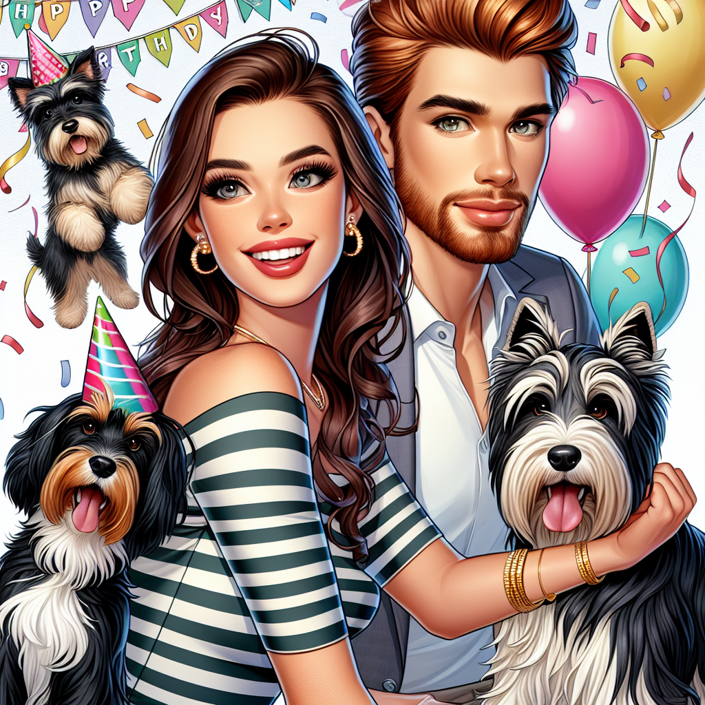 Black and grey cocker spaniel, Westie , Short brunette haired young woman in striped top, and Tall ginger young man with short facial hair Birthday Card