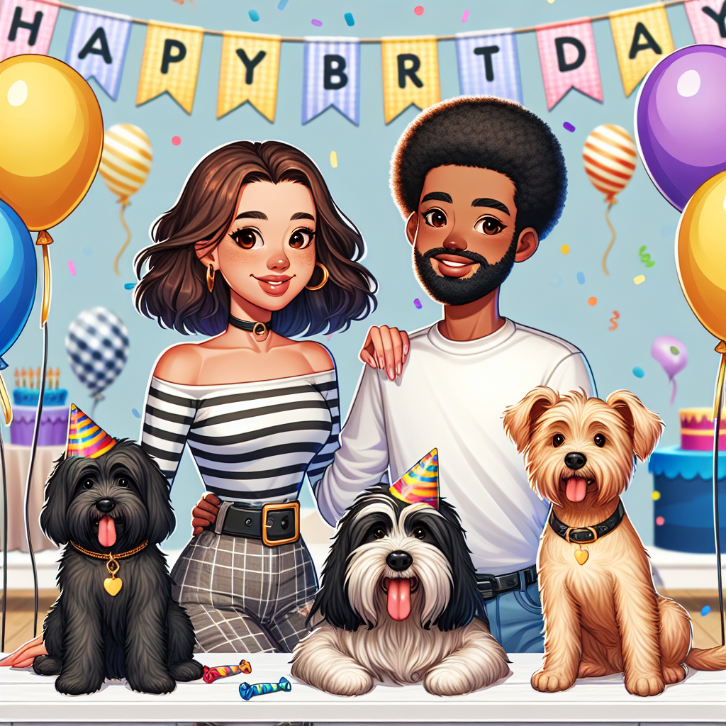 Black and grey cocker spaniel, Westie , Short brunette haired young woman in striped top, and Tall ginger young man with short facial hair Birthday Card