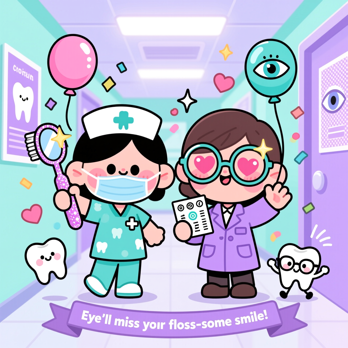 Kawaii style characters, Dental nurse, Optical assistant, and Farewell Card