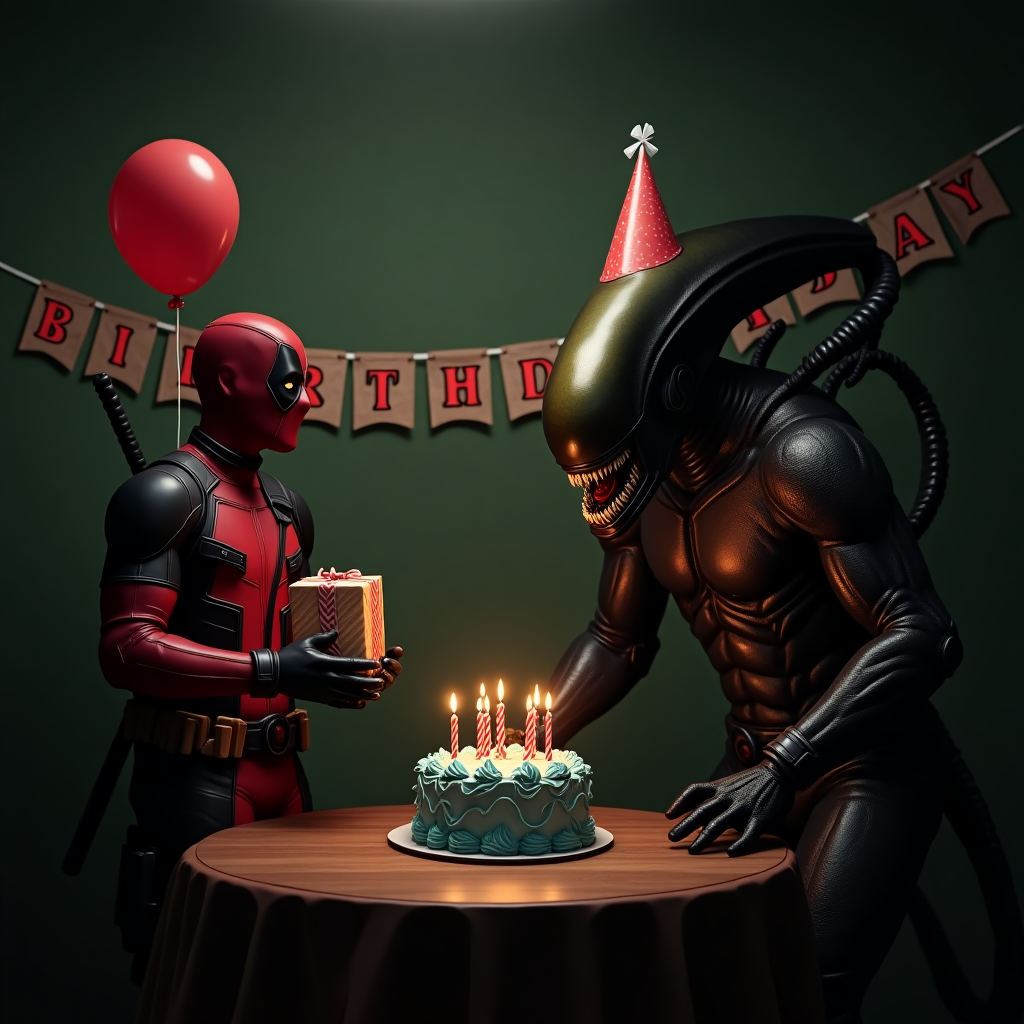 **Prompt for Image Generation (Realistic Photograph Style, Solemn Mood):**

"A highly realistic, dimly lit photograph capturing a solemn birthday scene. Deadpool stands quietly off-center, holding a single red balloon in one hand and a modestly wrapped birthday present in the other, his usual cheekiness subdued into a reflective, melancholic expression behind the mask. To his right looms a towering, menacing Xenomorph in sharp, photo-real detail, its dark, glistening biomechanical form made eerily festive by a crooked party hat balanced awkwardly atop its ridged head. Drool strings glisten from its fanged mouth as it stares at a birthday cake positioned solemnly on a worn wooden table between them. The cake is decorated with rough swirls of blue icing, candles unlit, casting long shadows from overhead ambient light. Hanging limply in the background is a slightly tattered birthday banner reading in block letters: 'Stay away from the cake you bitch!'. The entire scene feels emotionally complex—tense, ironic, yet somber—frozen in a moment of absurd birthday stillness."
Generated with these themes: Deadpool holding a balloon and present, Large, scary Xenomorph wearing a party hat and drooling, Birthday cake with blue icing, and Banner saying, "Stay away from the cake you bitch!".
Made with ❤️ by AI.