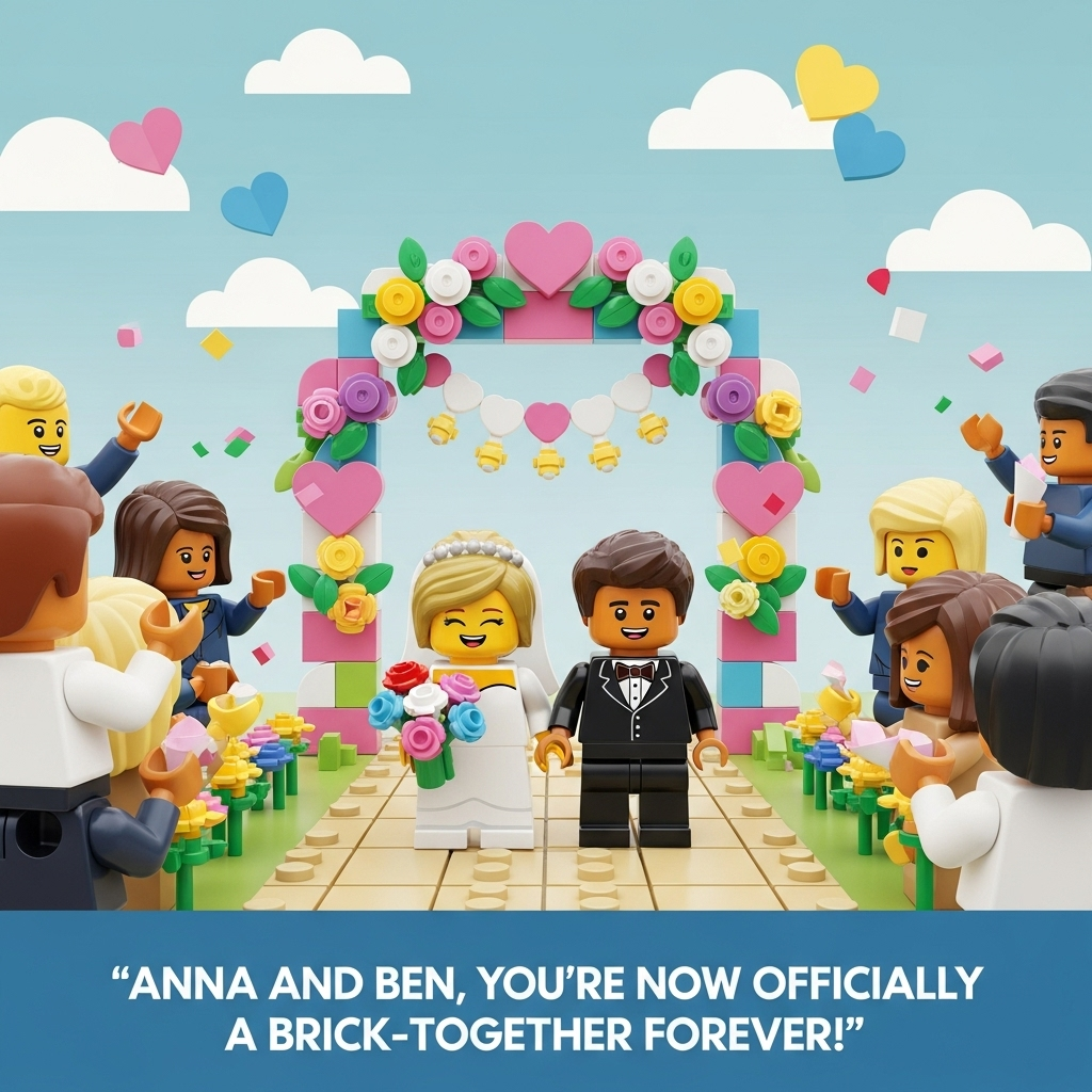 At the bottom of the Vector Style image, write in playful blocky lettering: **“Anna and Ben, You’re Now Officially Brick-Together Forever!”**

Create a cute flat-vector style illustration of a Lego-themed wedding scene:  
- A Lego bride and groom standing hand-in-hand at the center, smiling joyfully, both built from classic Lego pieces but with adorable expressive faces.  
- The bride has a little Lego-style white dress and a tiny bouquet of colorful Lego flowers; the groom wears a tiny Lego tuxedo with a bow tie.  
- Behind them, a whimsical Lego archway decorated with Lego flowers, hearts, and pastel bricks forming a cheerful backdrop.  
- Around the couple, Lego guests cheer, throwing tiny Lego confetti pieces into the air.  
- The ground is built from Lego tiles, and the background sky is soft pastel blue with stylized flat clouds and floating Lego heart shapes.  
- Overall tone: vibrant, cute, and celebratory with a crisp clean vector finish.  
Generated with these themes: Lego wedding , and .
Made with ❤️ by AI.