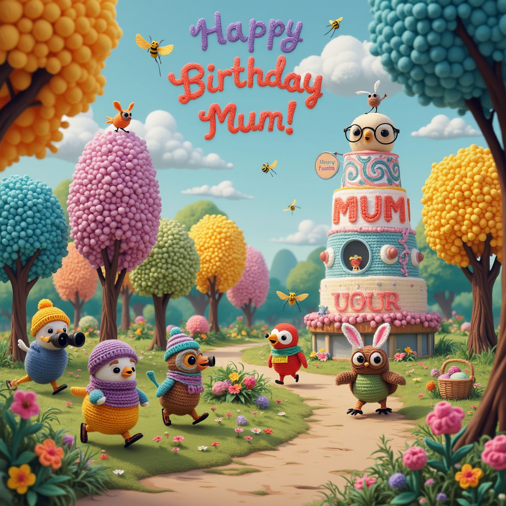Imagine a vibrant, surreal landscape set in a whimsical park where an unusual birthday marathon is taking place. On the left side of the scene, a group of quirky, anthropomorphic birds are perched on multicolored crochet trees, their binoculars exaggeratedly large, peering at the runners. Each bird is wrapped in tiny, intricate crochet scarves and hats, some even with tiny running shoes.

In the center, the runners are an eclectic mix of cartoon characters: a giraffe in a jogging suit, a rabbit in sneakers, and a turtle determinedly moving forward with a crochet headband. The marathon path is lined with knitted banners that spell out “Happy Birthday Mum!” in bright, playful yarn letters. The letters are bold and loop into each other like they’re having their own little dance.

Towards the back, a towering birthday cake is shaped like a giant pair of binoculars, and it’s wrapped in a crochet cozy with pastel colors. On top of the cake, crochet birds are perched, each holding a small banner that spells out "Mum" in vivid colors. 

Above it all, in the sky, fluffy clouds spell out “Happy Birthday Mum!” in wispy, delicate letters. A few birds are in mid-flight, their wings made of crochet patterns, casting whimsical shadows on the ground below.

On the right side of the scene, there's a crochet-covered bench where a wise old owl with a monocle and a crochet shawl is holding a sign that reads “Birdwatching Club Marathon Support Station”. Beside the bench, a yarn basket with skeins spilling out adds a cozy touch.

The entire scene is bathed in the soft, warm hues of a late afternoon, and a path of crochet flowers lines the marathon route, with cheerful bees buzzing around. Every element blends seamlessly to create a delightful, whimsical birthday greeting that tells a story of joy, creativity, and celebration.
Generated with these themes: Crochet, Birdwatching, and Marathons .
Made with ❤️ by AI.