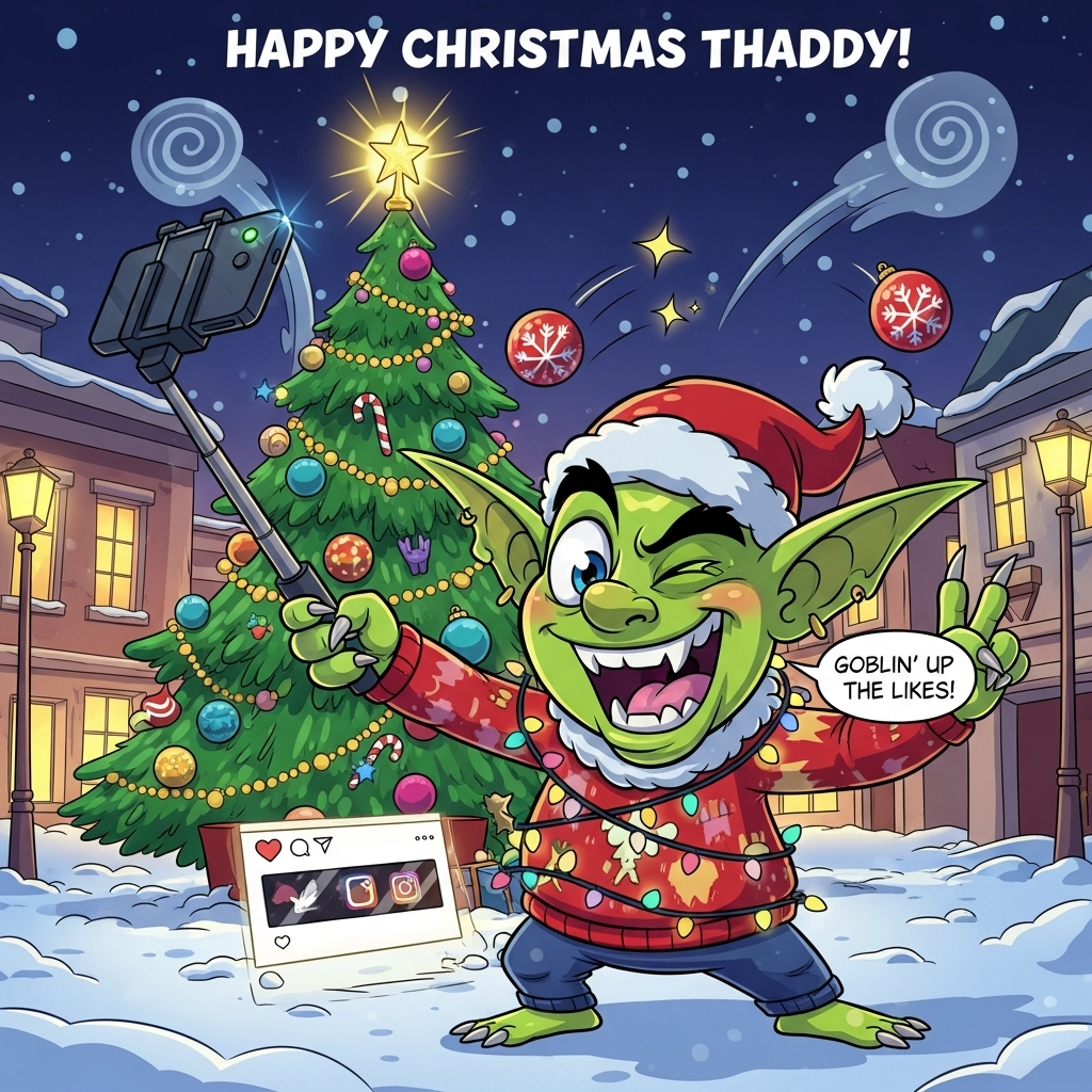 At the top of the Cartoon Style image, Happy Christmas Thaddy!

Playful, bright, saturated cartoon scene with thick outlines: In a snowy town square at night, Dave the Goblin—short and round with big pointy ears, lime-green skin, and an oversized grin—wears a ridiculous ugly Christmas sweater and a flopped Santa hat. He’s striking an energetic selfie pose for Instagram, holding a smartphone on a selfie stick, one eye winking, throwing a clawed peace sign. Behind him towers a glittering Christmas tree stuffed with baubles, candy canes, tinsel, and a glowing star topper; fairy lights wrap around him comically, one bauble mid-fall for slapstick. Stylized social-media UI on the phone screen (icons and hearts only, no logos/words) with a fun fish-eye look that makes Dave’s face hilariously huge while the tree leans into frame. Big swirling snowflakes, motion lines, and sparkling highlights add energy. Color palette: candy-cane reds, emerald greens, icy blues, warm gold glows; bold shadows; chunky shapes; super-thick outlines. Add one small speech bubble near Dave’s mouth that reads: Goblin' up the likes!
Generated with these themes: Dave the Goblin on instagram, snowing, christmas tree, and .
Made with ❤️ by AI.