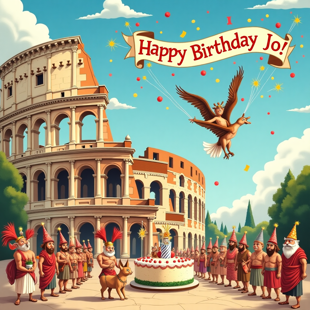 In this whimsical birthday card illustration, we find ourselves in an enchanting, anachronistic blend of ancient Rome and playful birthday cheer. The scene unfolds at the foot of the grand Colosseum, lovingly detailed in classic Norman Rockwell realism with its towering arches and weathered stones. In the foreground, a comical parade of toga-clad Romans march joyously, their laurel wreaths replaced with festive party hats. Among them, a Roman centurion joyously rides a jubilant, chubby cherub who is blowing on a conch shell that spews out confetti.

At the heart of the scene is a large birthday cake, extravagantly decorated with ornate classical Roman columns made of marzipan and topped with sparklers. Perched on the cake, a mischievous cat, reminiscent of Beatrix Potter's beloved creatures, paws curiously at a fig leaf covering a strategically placed candle.

Overhead, an array of fluffy clouds, drawn in the intricate line work of Aubrey Beardsley, swirls above. The clouds part to reveal a vibrant sky where Jo's name is artfully integrated. The name "Jo" appears as a banner unfurling from a comical chariot led by a pair of soaring, cartoonish eagles in mid-flight, resembling the dynamic motion style of Quentin Blake. These eagles hold the ends of the banner in their beaks, creating a skyward "Happy Birthday Jo!" message that billows whimsically across the azure backdrop.

Scattered around the scene are charming elements: a Roman amphora spills over with colorful candies, a toga-wearing rabbit hides behind a column with a cheeky grin, and a jubilant crowd of Roman gods playing a raucous game of charades with oversized birthday gifts as props. All these details combine to create a joyful, cheeky, and unforgettable birthday greeting for Jo, blending classic Roman grandeur with the delightful absurdity of a modern-day birthday party.
Generated with these themes: Rome , and .
Made with ❤️ by AI.