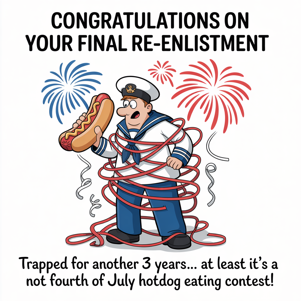 At the top of the image, "Congratulations on Your FINAL Re-Enlistment":

At the bottom of the image, "Trapped for Another 3 Years... At Least It's Not a Fourth of July Hotdog Eating Contest!"

- In the center of the image, illustrate a comical cartoon scene where a sailor in an oversized navy uniform is humorously tangled up in red, white, and blue streamers. The sailor has a bewildered expression, holding a giant hotdog in one hand, while fireworks burst playfully in the background.
Generated with these themes: Navy, Re-enlistment, trapped for another three years, 4th of July, and .
Made with ❤️ by AI.