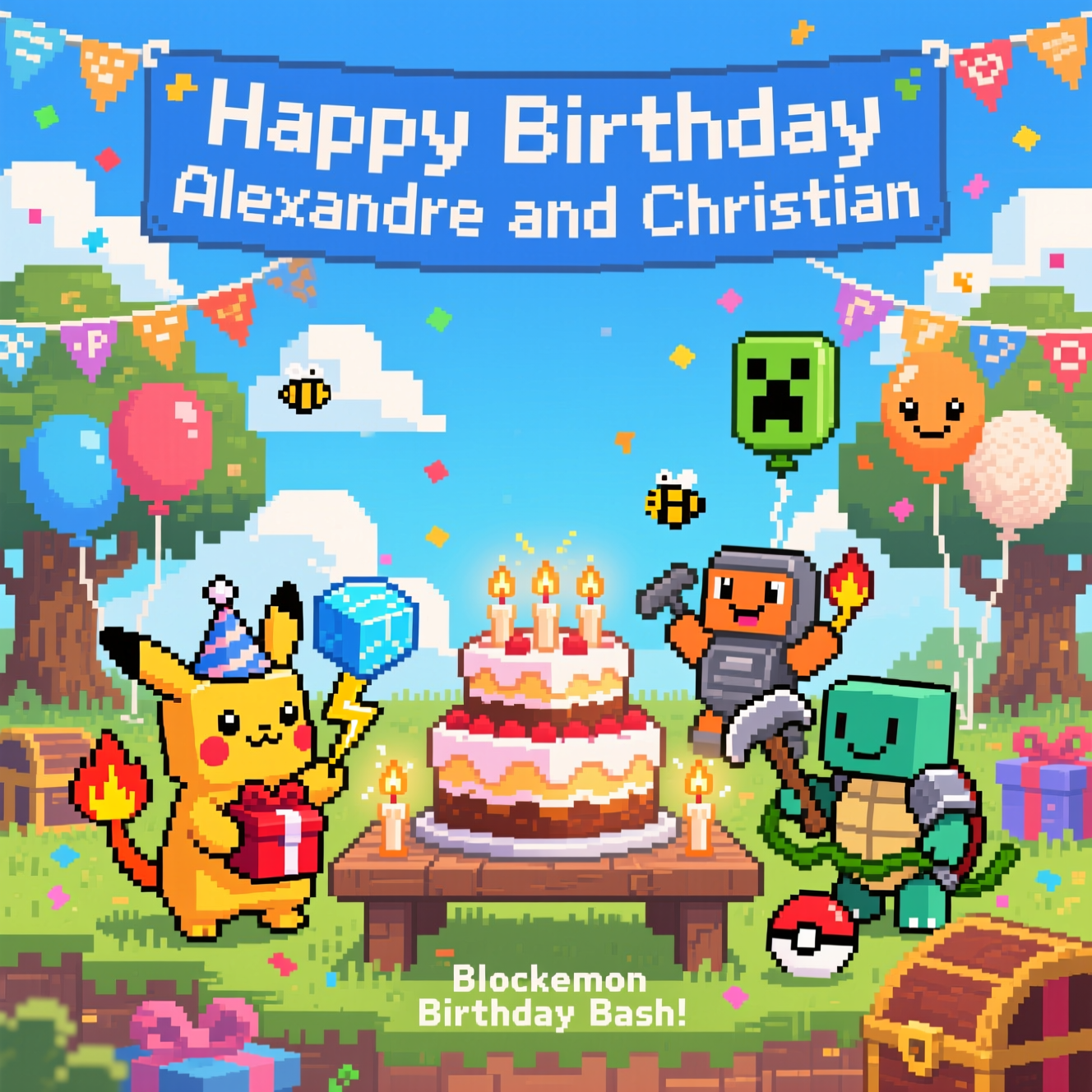 Minecraft and pokemon as minecraft characters, and Birthday Card