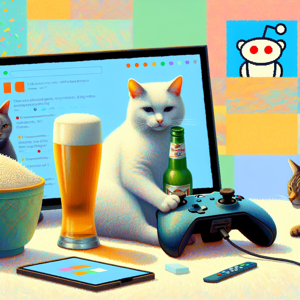 Create an abstract image using soft pastel hues to represent a birthday backdrop. The scene should seamlessly combine the themes of beer drinking, gaming on an Xbox, surfing Reddit and the love for cats. A cat should be portrayed in a relaxed pose, sitting on an Xbox controller and gazing intently at a screen filled with trivia challenges. Another nearby cat clutches a beer, symbolising a relaxed celebration vibe. A small device displaying the Reddit logo should be included in the scene. Lastly, for a touch of whimsy and to denote the concept of a gathering or feast, illustrate a bowl of rice in one corner of the image.
Generated with these themes: Beer, Quizzing , Xbox, Cats, Reddit , and Rice.
Made with ❤️ by AI.