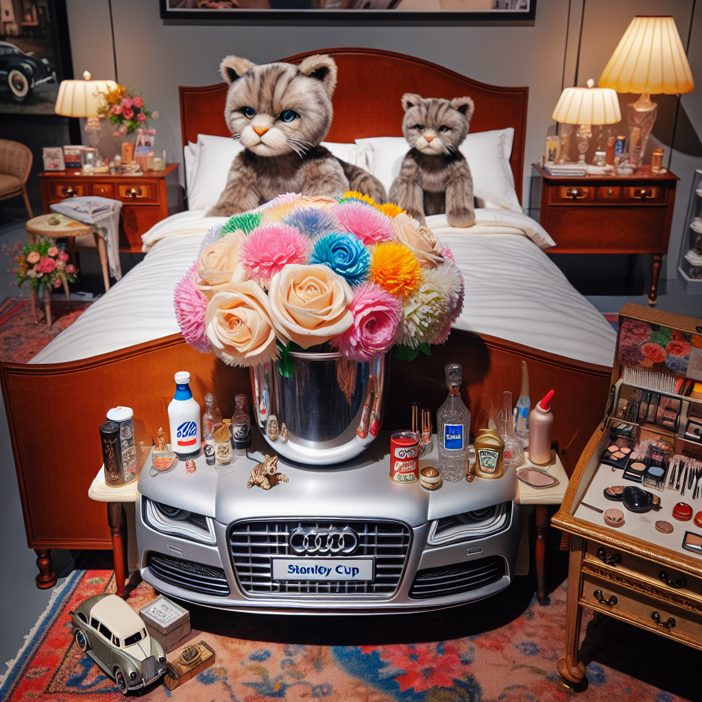 Envision a birthday scene that blends realism and whimsy. Visualize life-size plush cats lounging next to a luxurious bed with high-quality linens. The headboard exhibits a unique design feature, a mini version of the Stanley Cup doubling as a vase, brimming with vibrant flowers. A meticulously crafted miniature Audi toy car is perched on a dresser, attracting attention. Elements of a pampering session are scattered throughout the room, including an assortment of premium make-up products arranged on an antique vanity table. In the background, a mini-refrigerator hums softly, stocked with cans of a popular zero-calorie cola, chilled, and ready for the party guests.
Generated with these themes: Audis, Cats, Pepsi Max, Make up , Stanley cups, and Bed.
Made with ❤️ by AI.